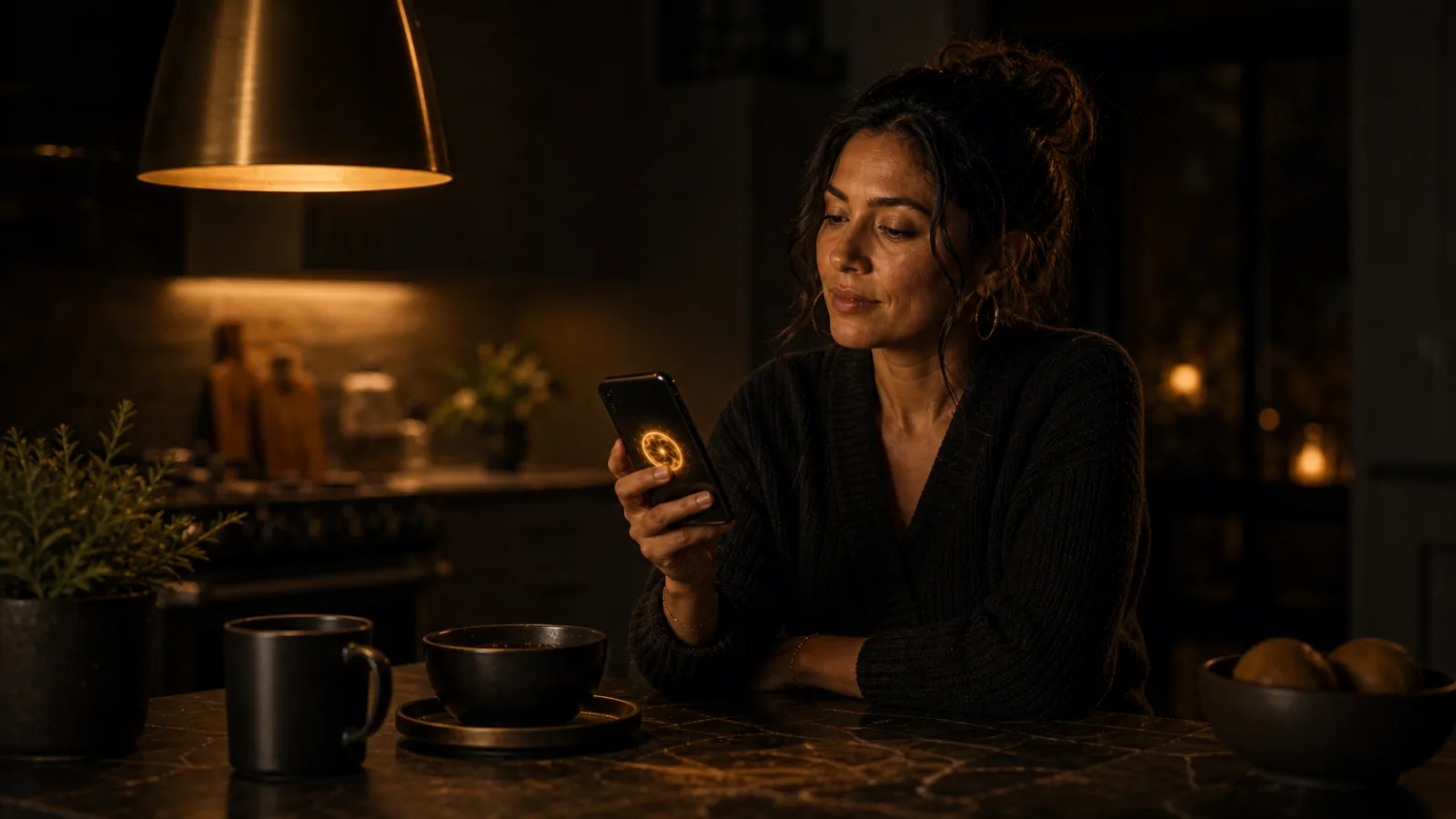 A Latina woman at a kitchen counter at night glancing at her phone, warm gold pendant light.