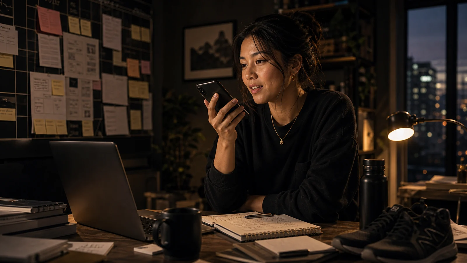 A woman in a workspace talking to her phone with a planner and laptop nearby.