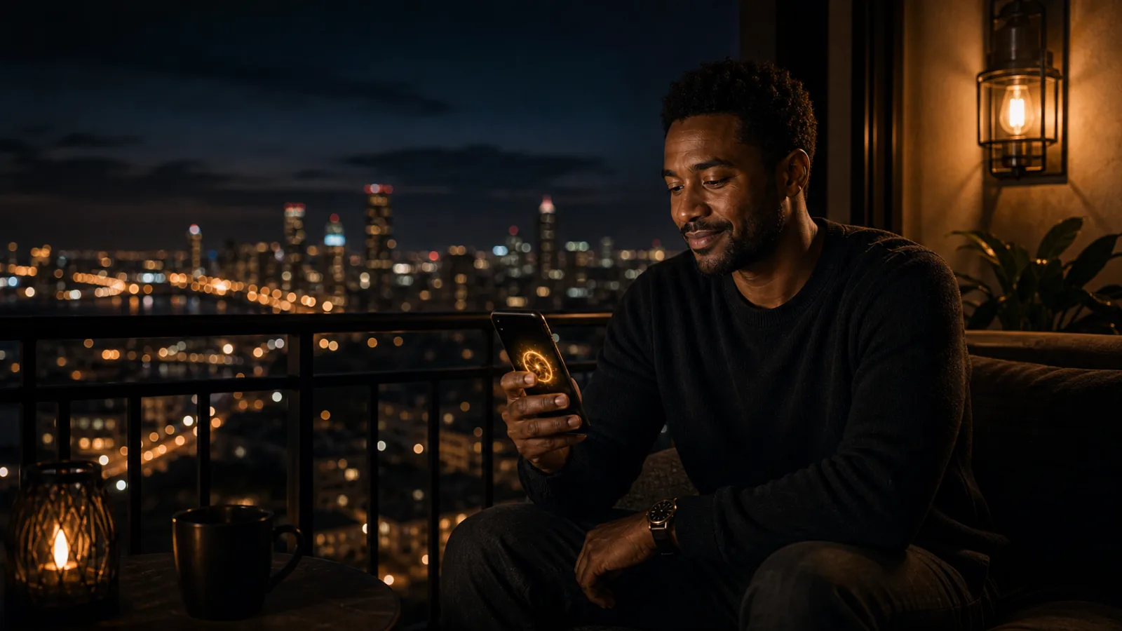 A Black man on an evening balcony with his phone, relaxed, warm gold light and distant city glow.