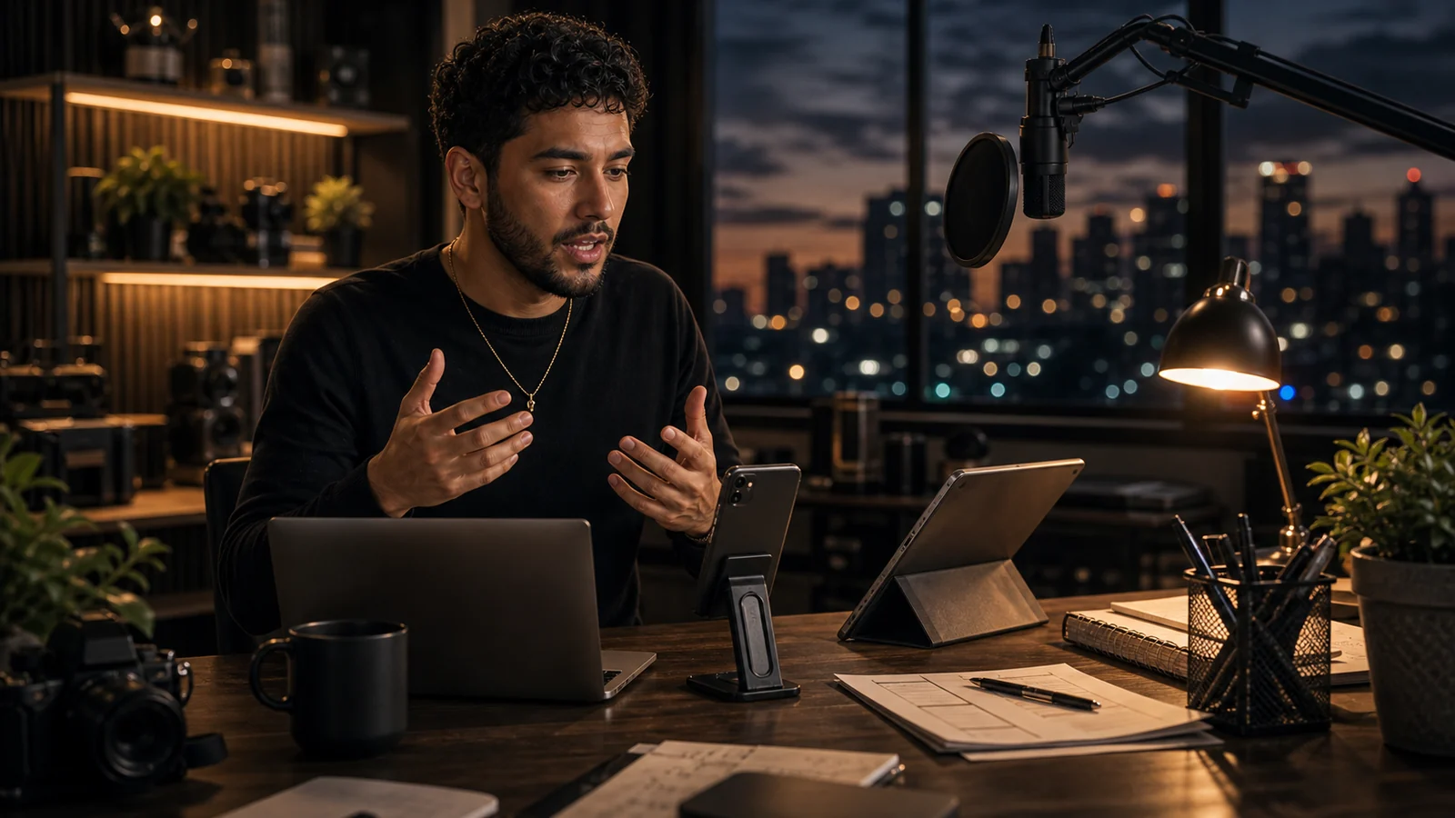 A creator in a studio workspace speaking toward a phone with laptop and microphone nearby.