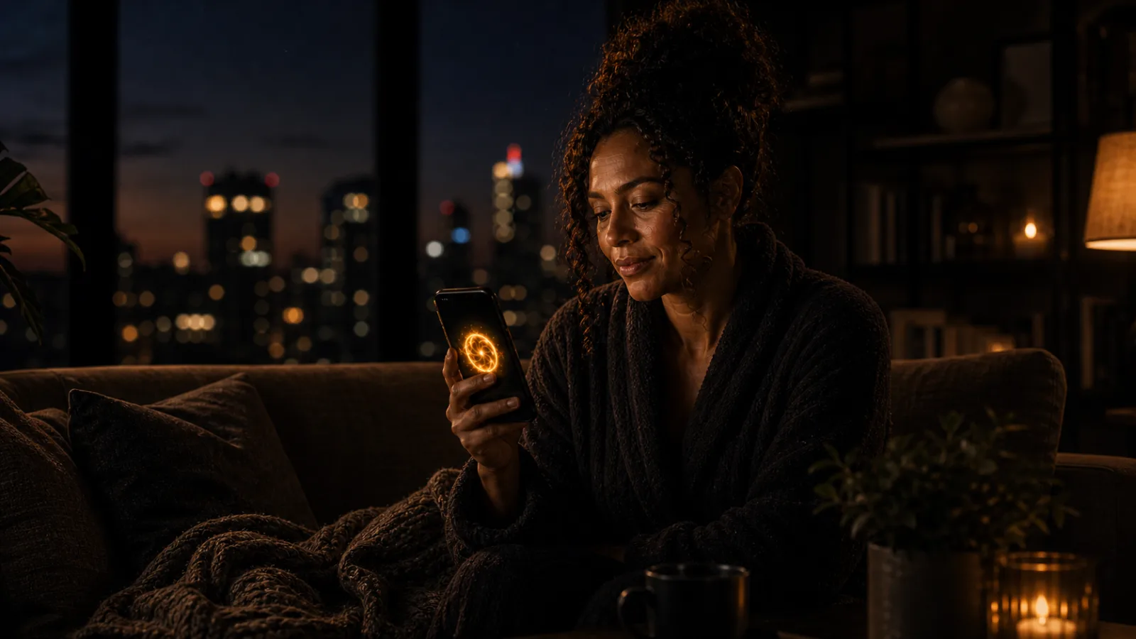 A Black woman on a couch at night holding her phone with a glowing gold orb on screen, city lights behind.