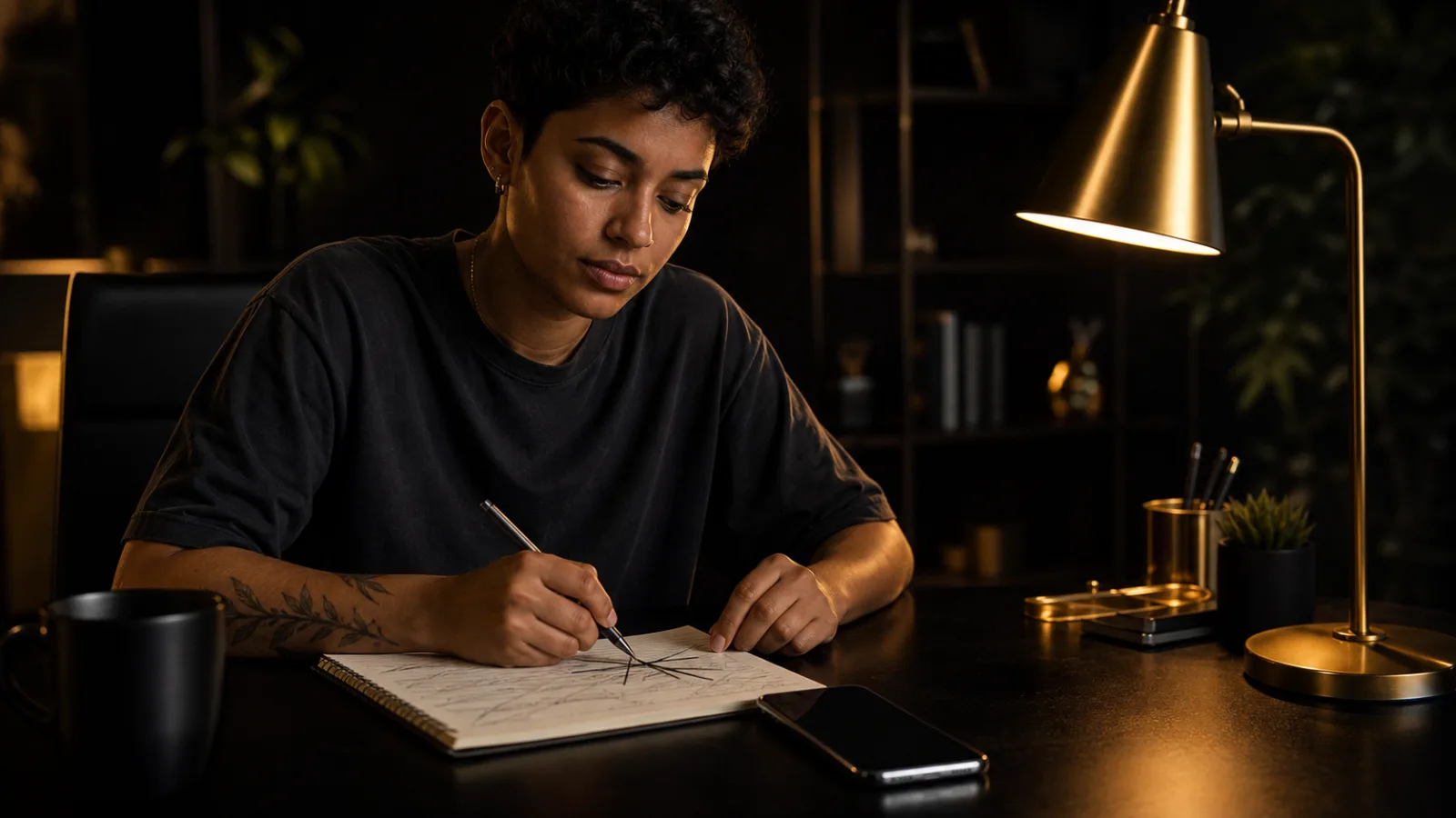A young nonbinary person at a dark desk choosing one small step beside a blank phone and notebook.