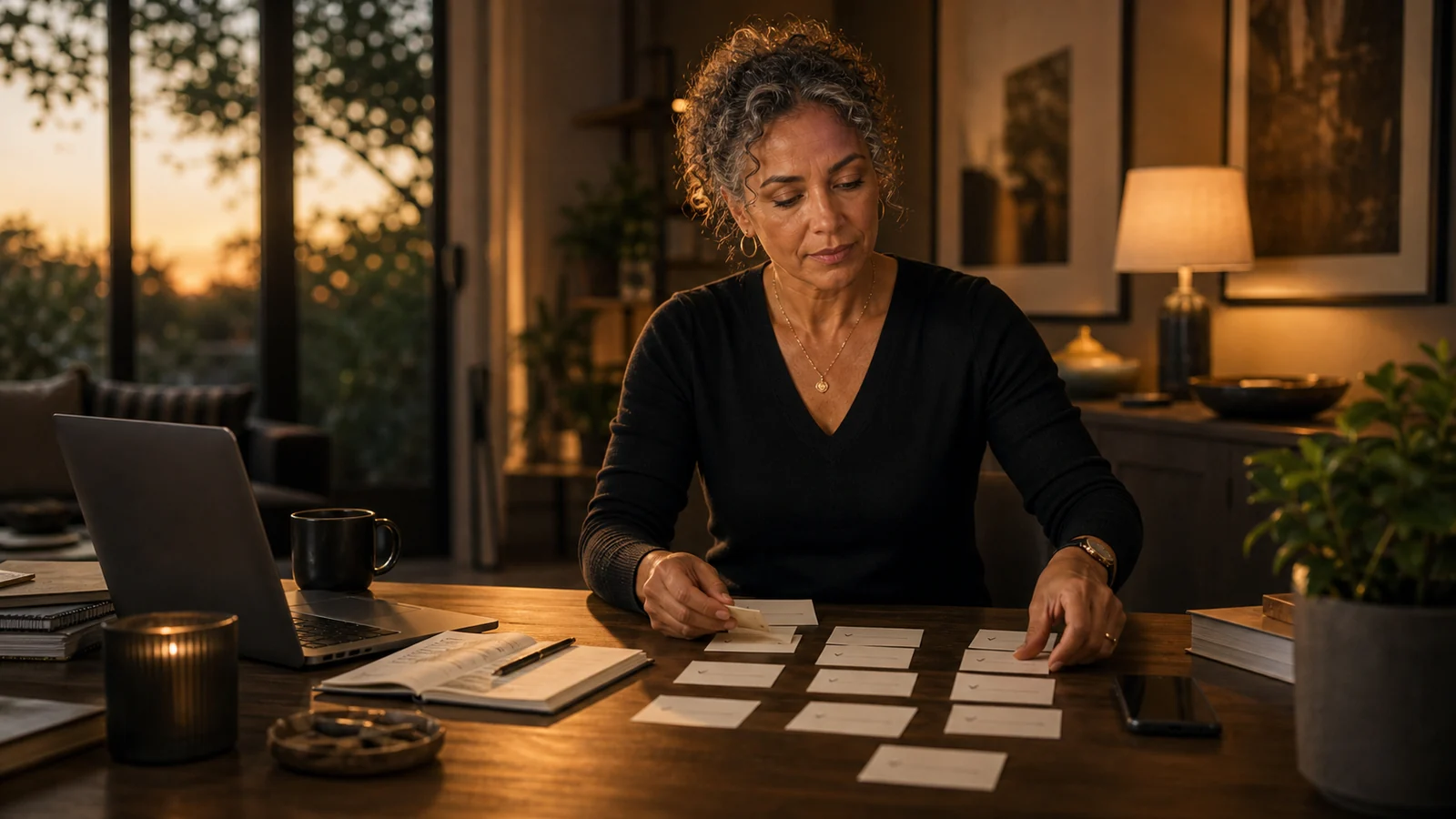 A woman arranging goal cards on a table with a laptop and phone in warm evening light.
