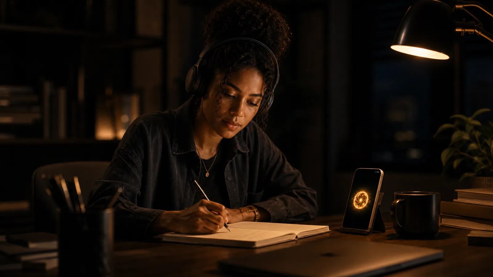 A young Black woman working at a warm dark desk with headphones, phone propped beside her, gold light.