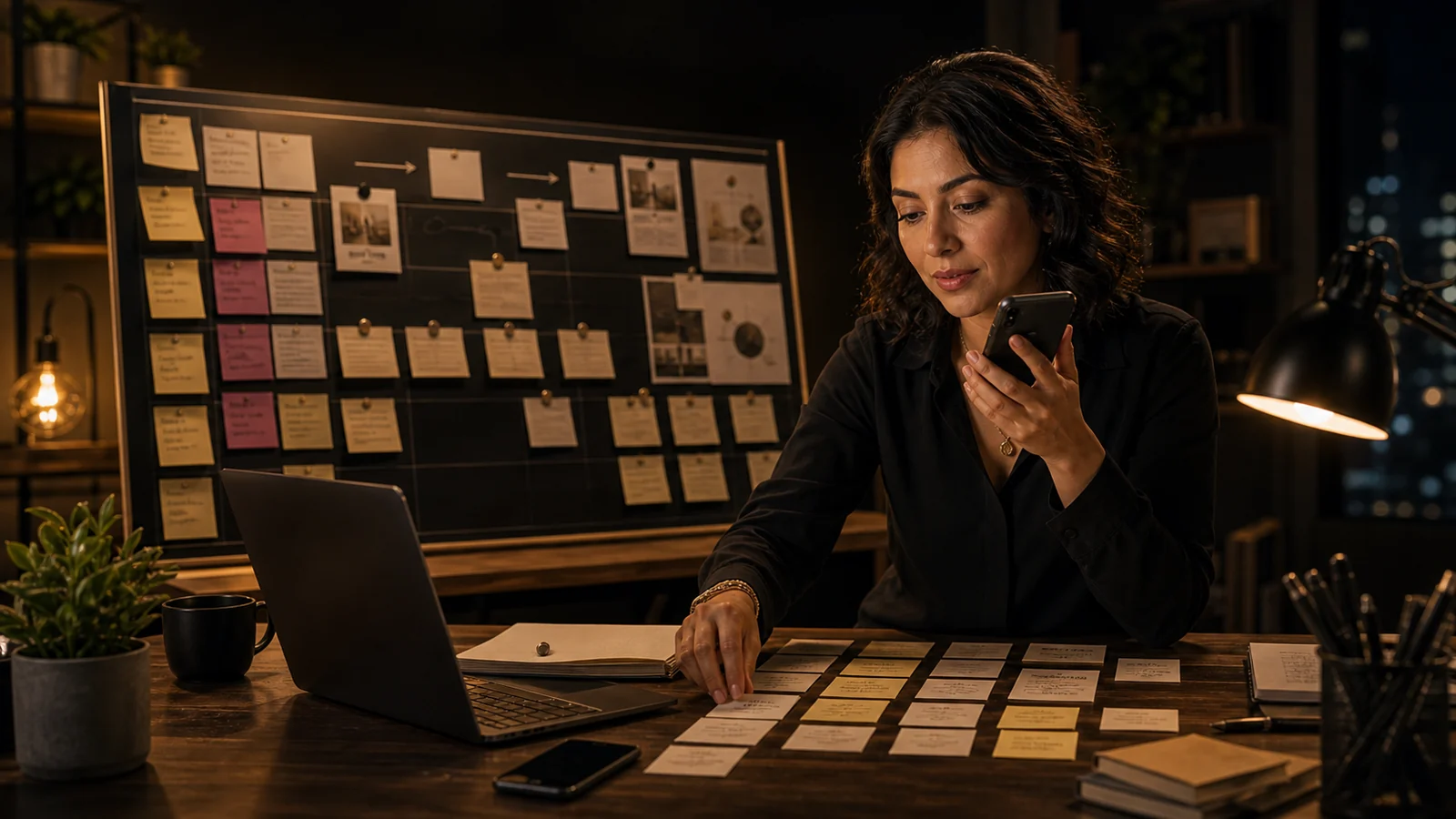 A woman organizing project cards at a desk with a laptop, board, and phone.