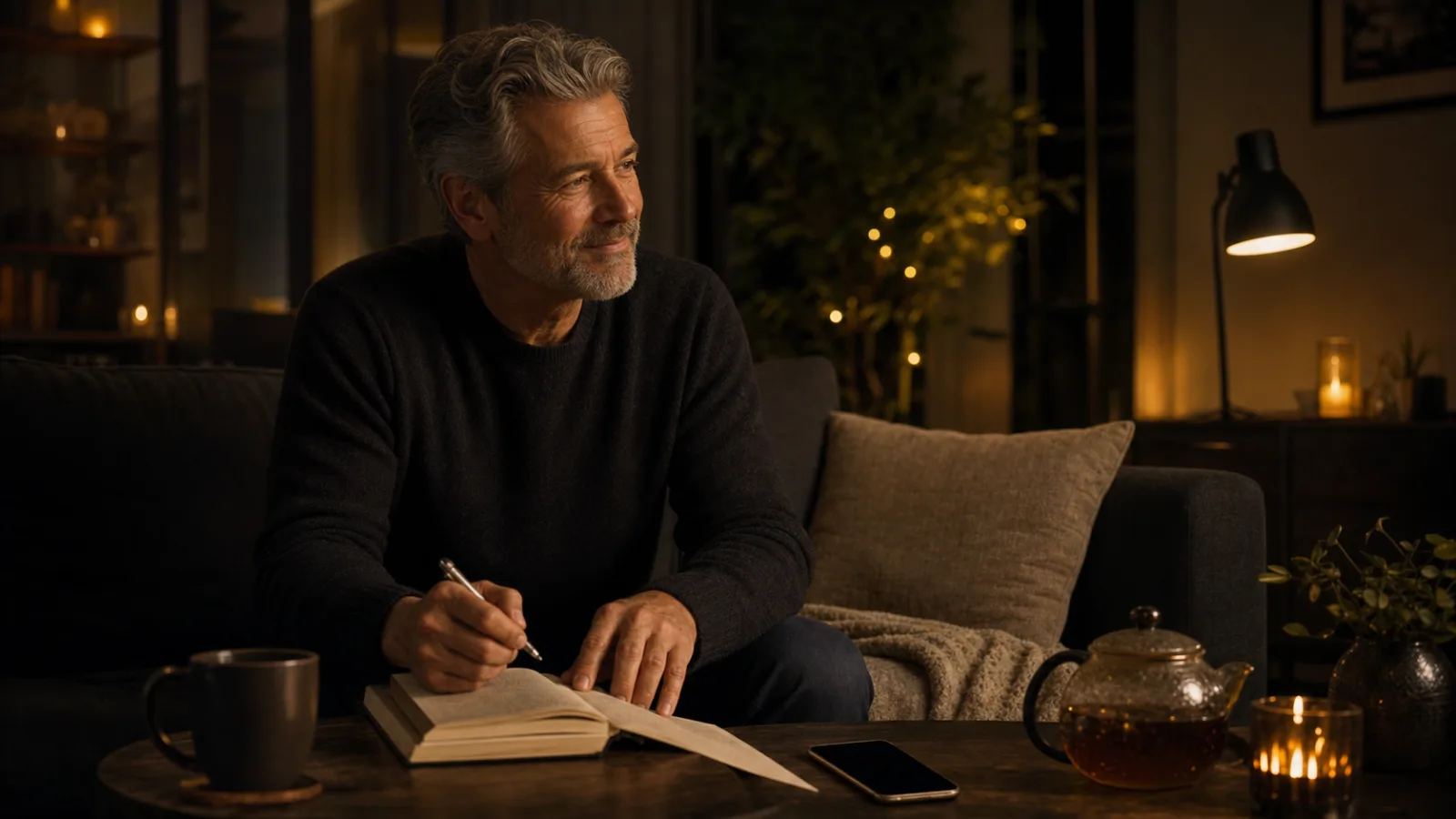 An older white man in a dark living room workspace opening a notebook under warm gold light.
