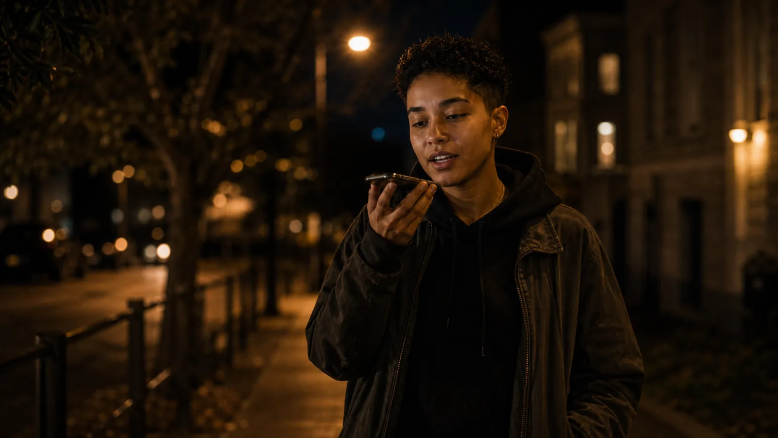 A young nonbinary person of color speaking into a phone on a dark evening walk, warm gold street light.