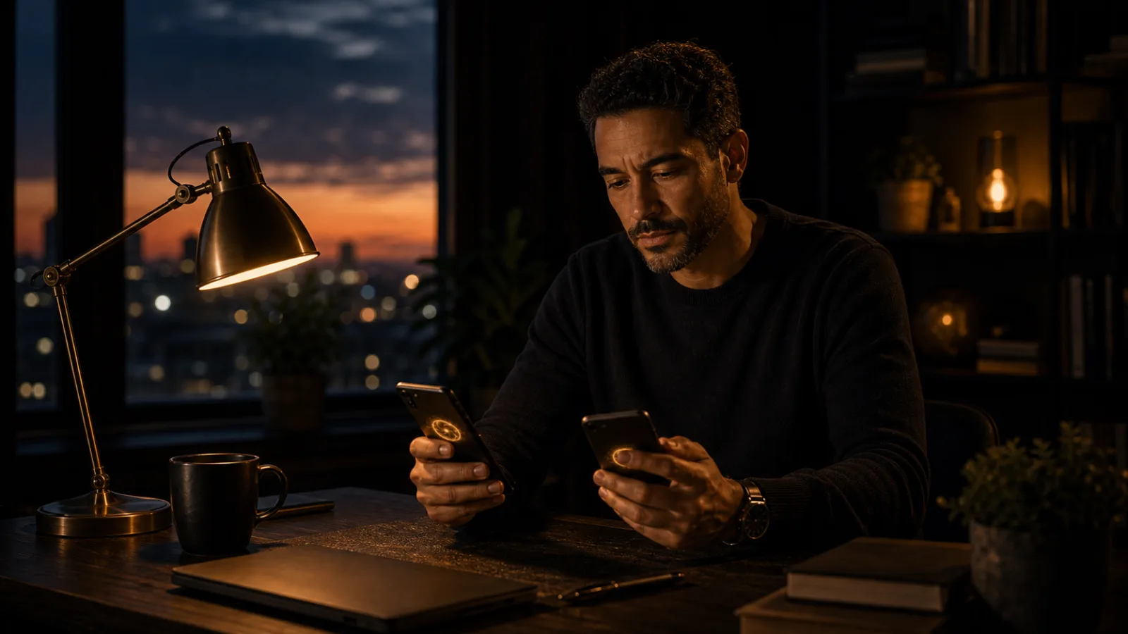 A mixed-race man comparing two phones at a dark desk at dusk, thoughtful, warm gold light.