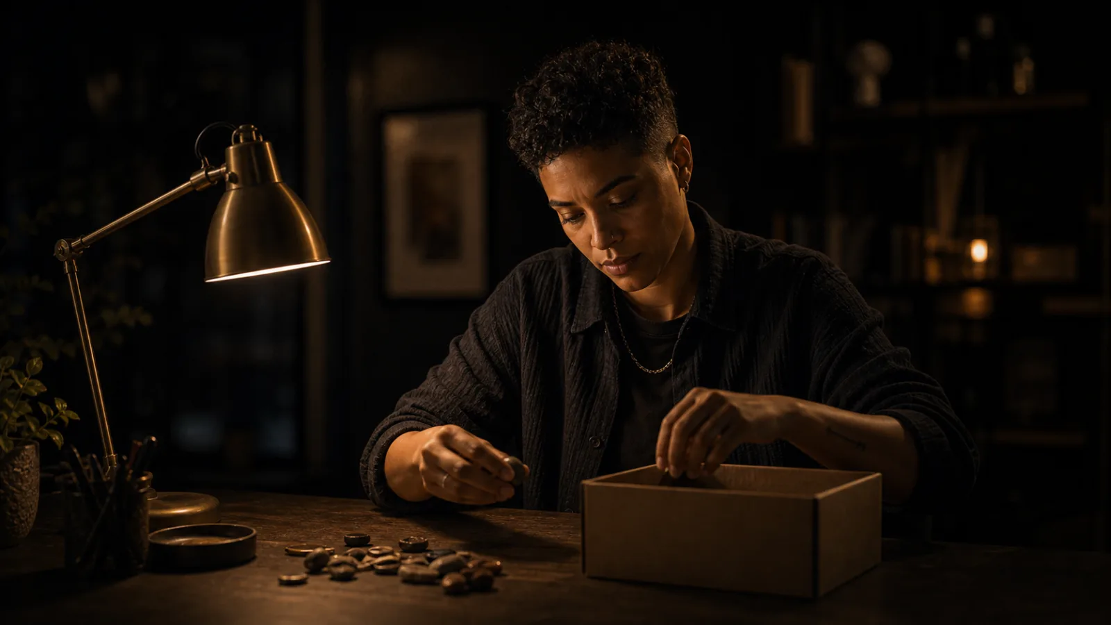A nonbinary person of color at a dim desk sorting a small pile into one box, warm gold light.