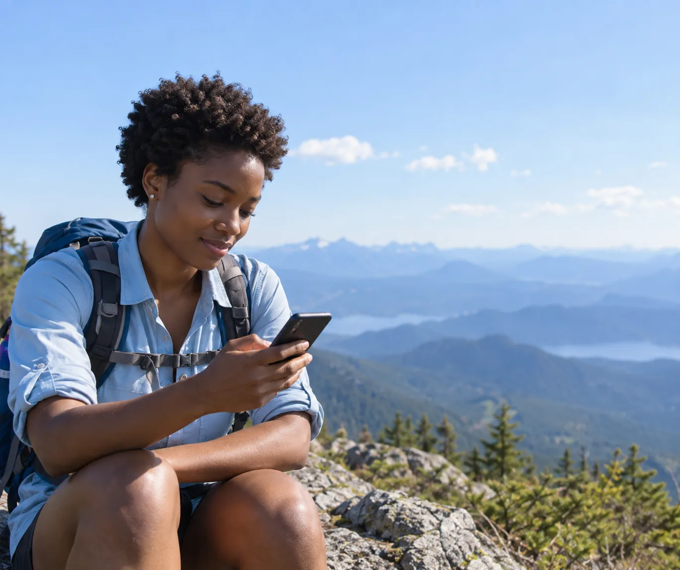 A walker checking her phone with blue mountain ridges behind her.