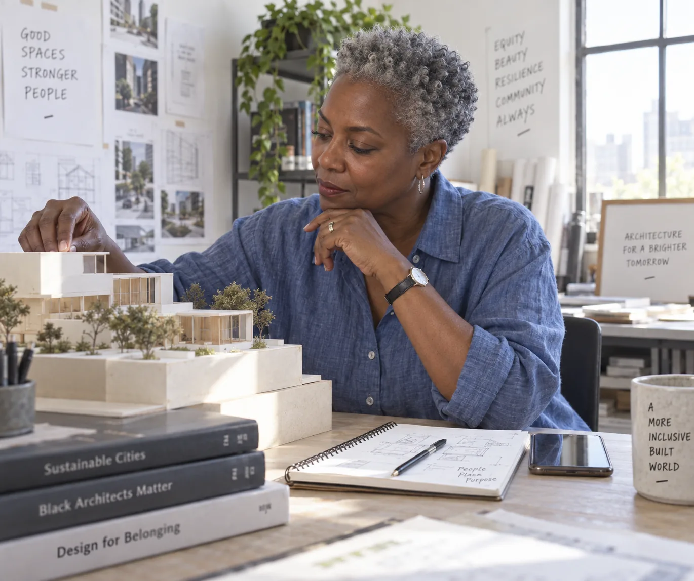 An architect studying a small building model in her daylight studio.