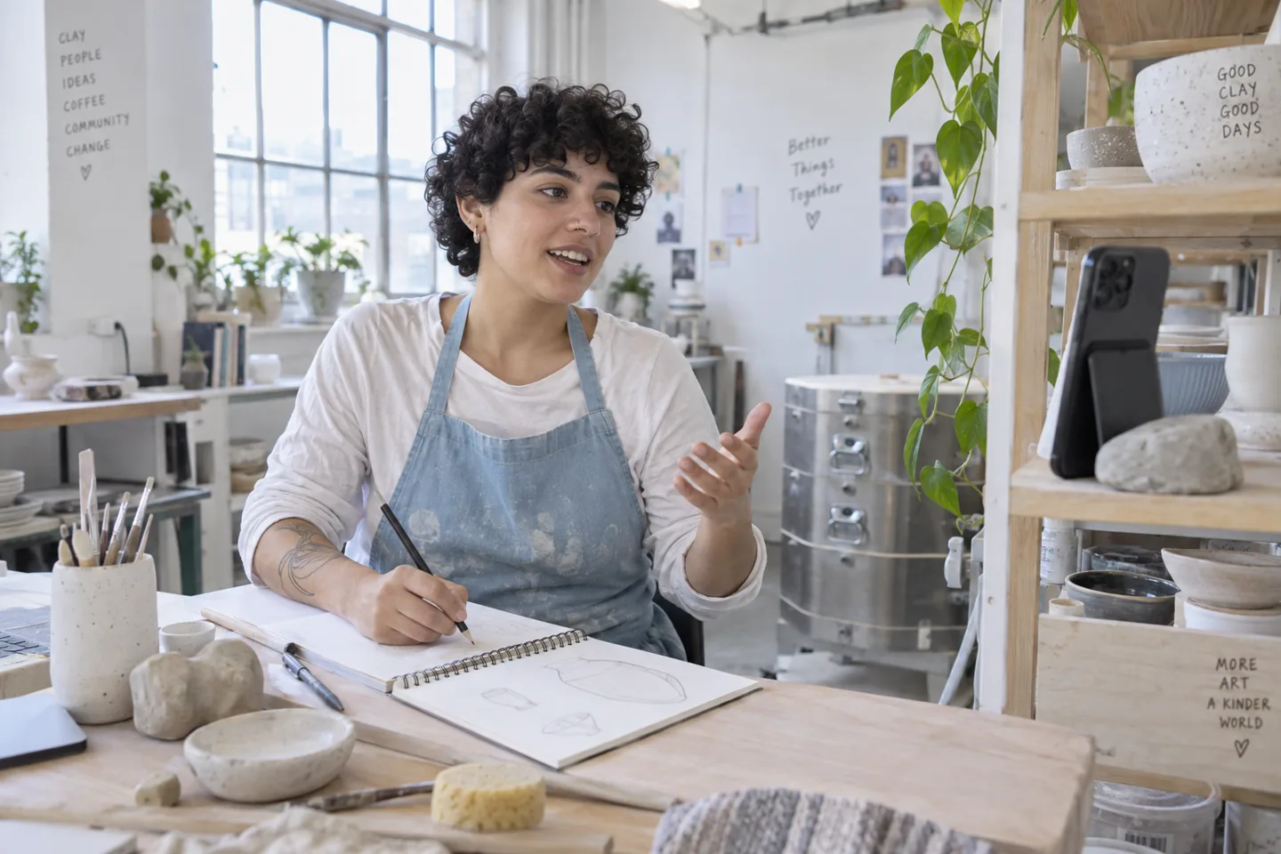 A creative speaking toward a phone while sketching in a ceramics studio.