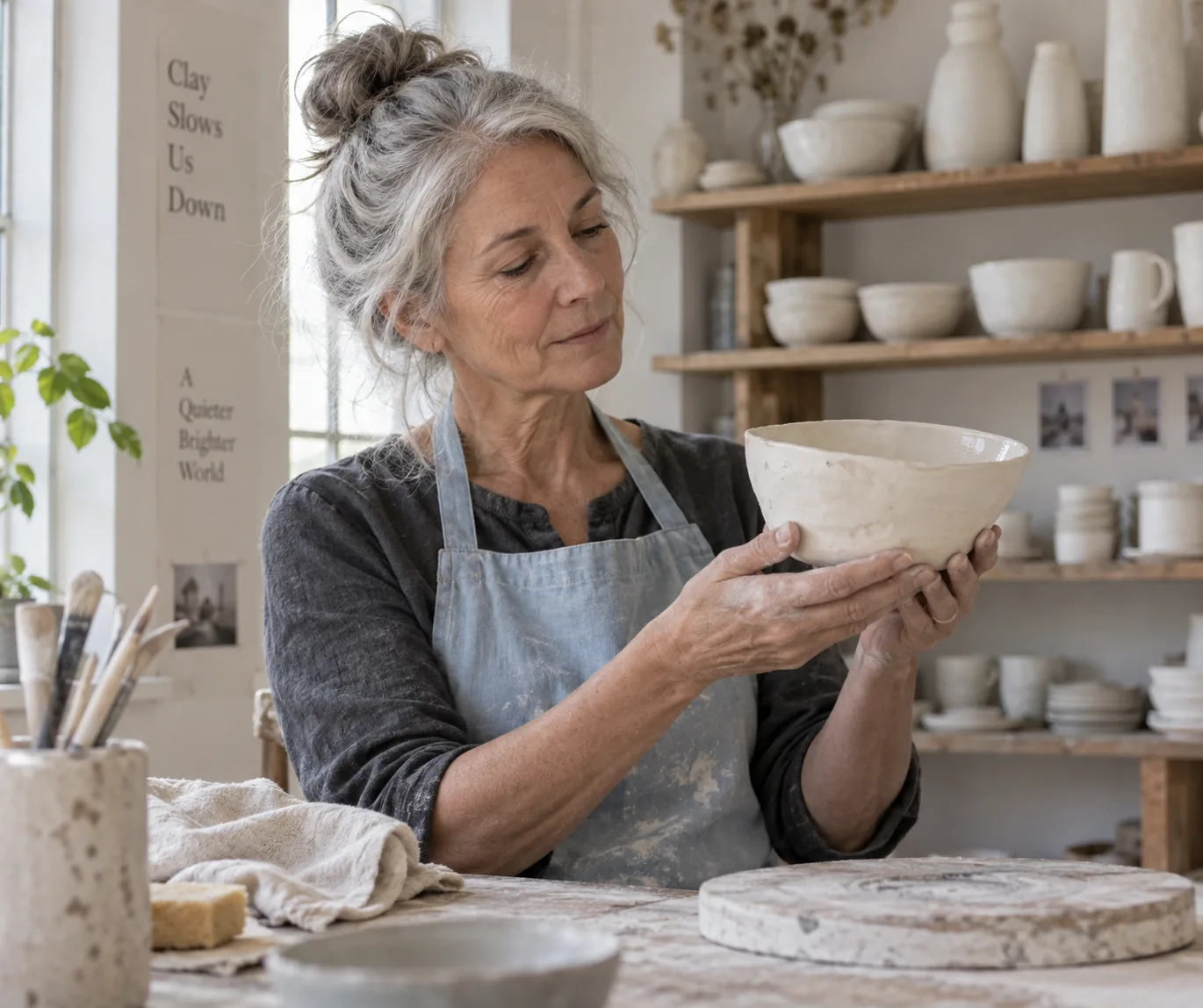 A ceramicist examining a handmade white bowl in her studio.