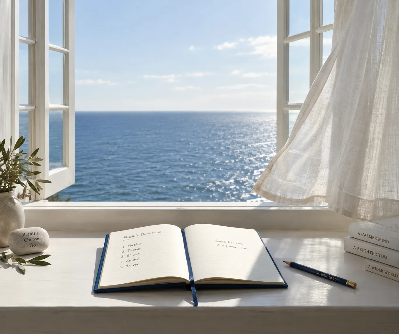 An open notebook on a white windowsill overlooking the ocean.