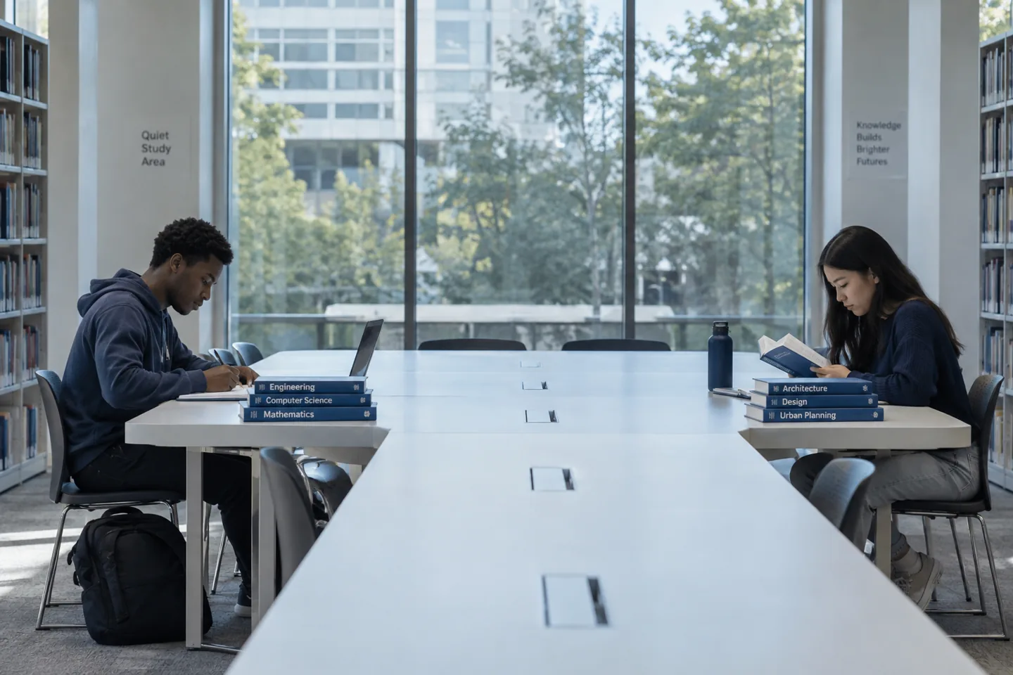 Two students reading at a long library table beside large windows.