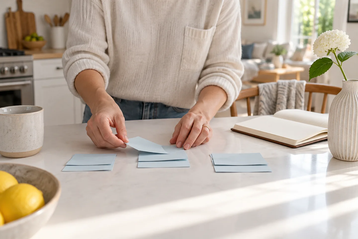Hands arranging small blue cards beside a notebook on a kitchen table.