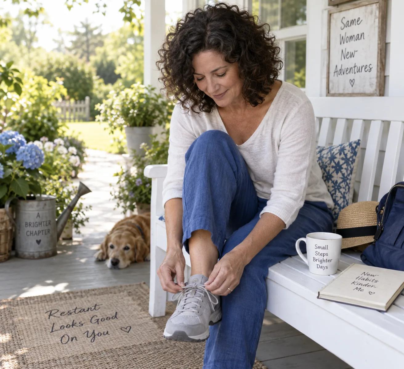 A woman tying her walking shoes on a sunny porch.