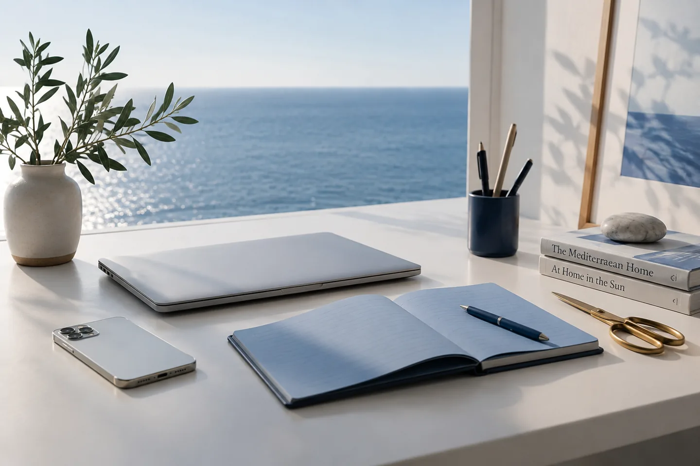 A laptop, phone and blue notebook on an ocean-facing desk.