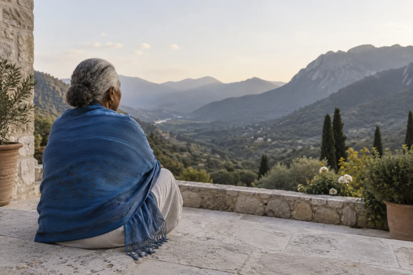 A woman in a blue shawl looking across a mountain valley.
