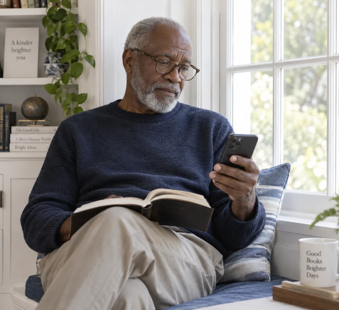 An older reader looking at his phone by a sunlit window.