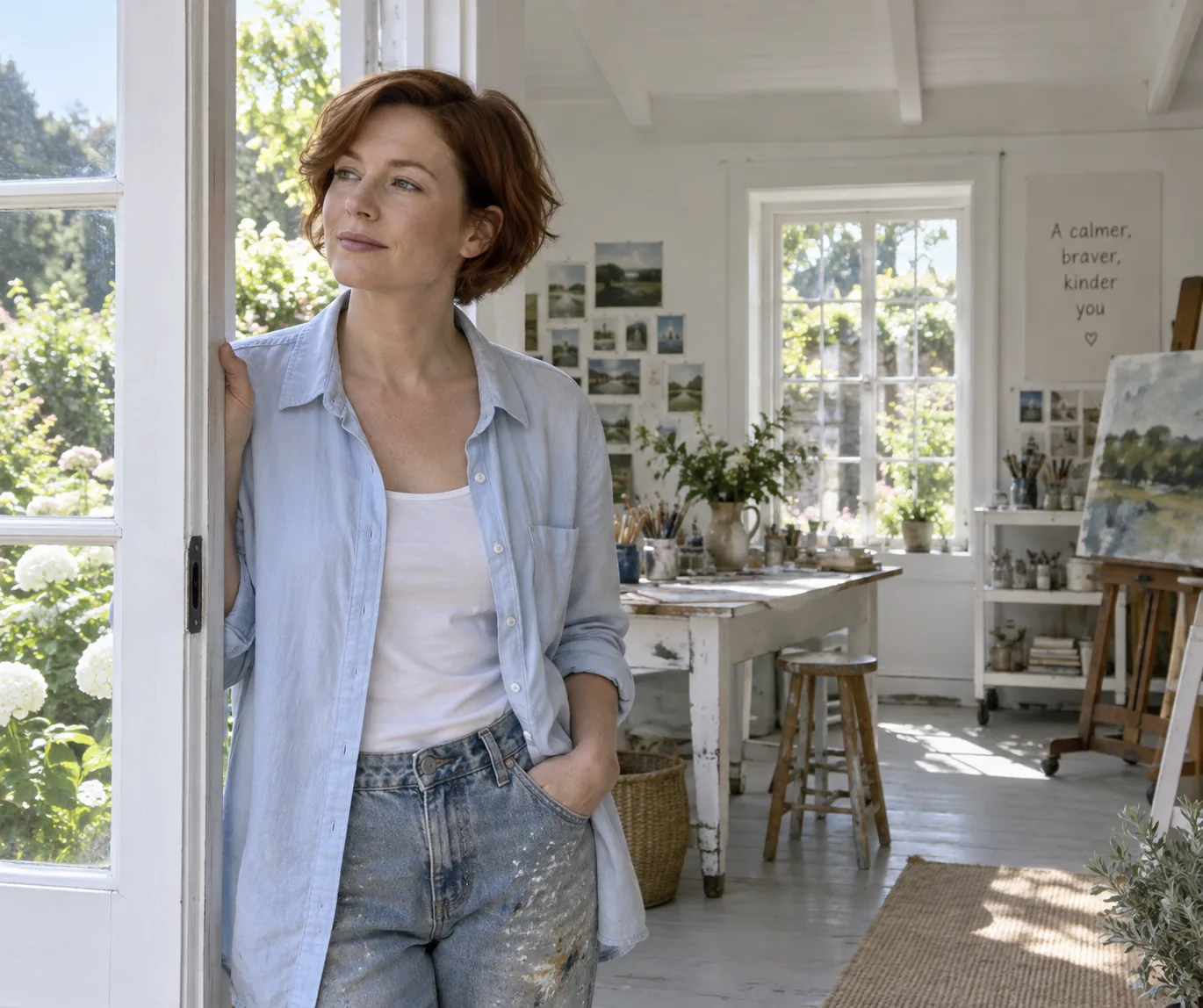 A woman pausing in the doorway of a sunlit art studio.