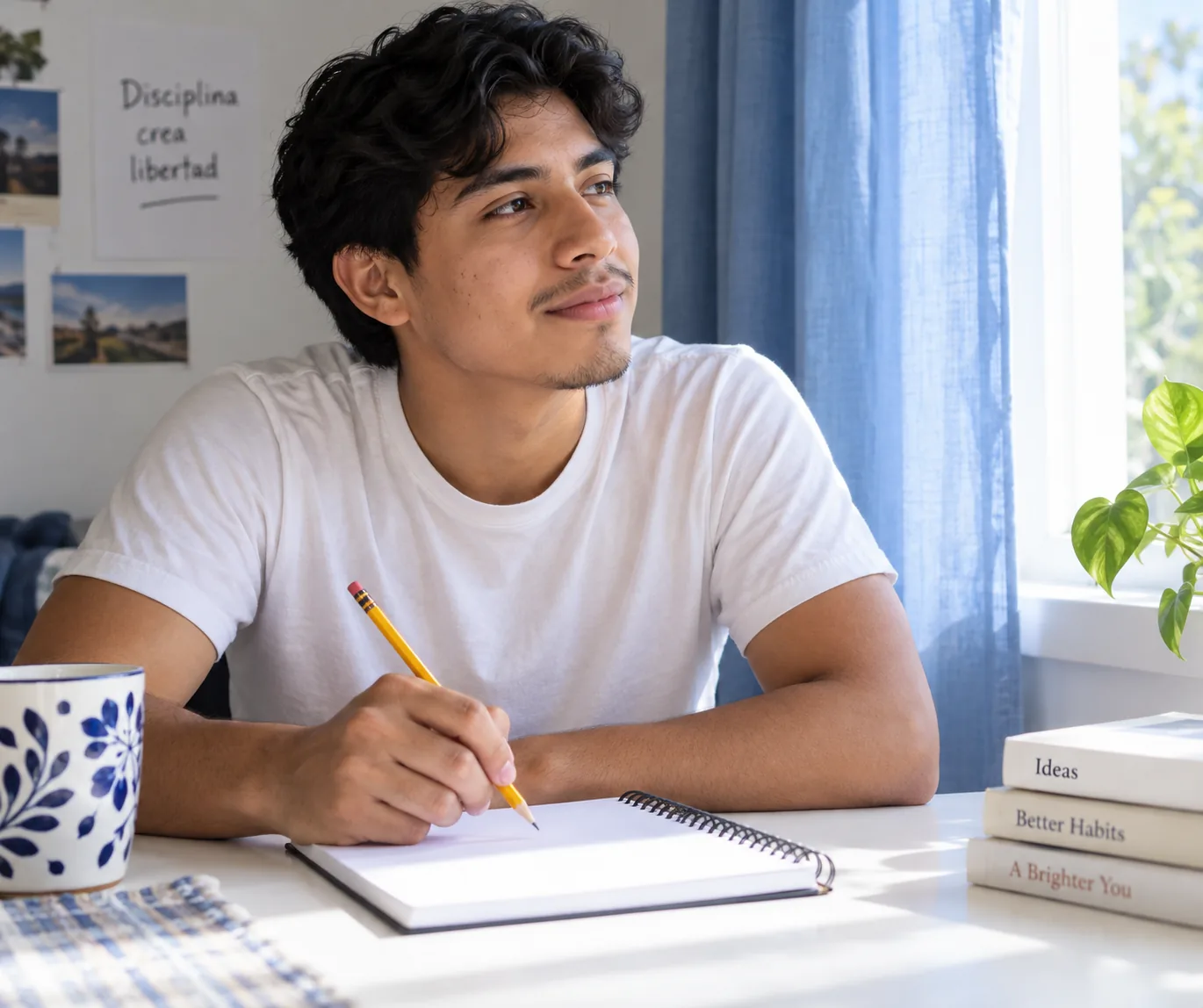 A young man with a pencil and notebook beside a blue-curtained window.