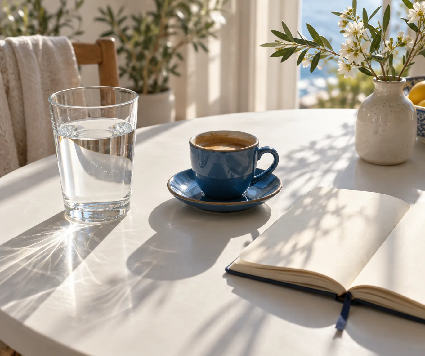 A blue coffee cup, glass of water and notebook in morning light.
