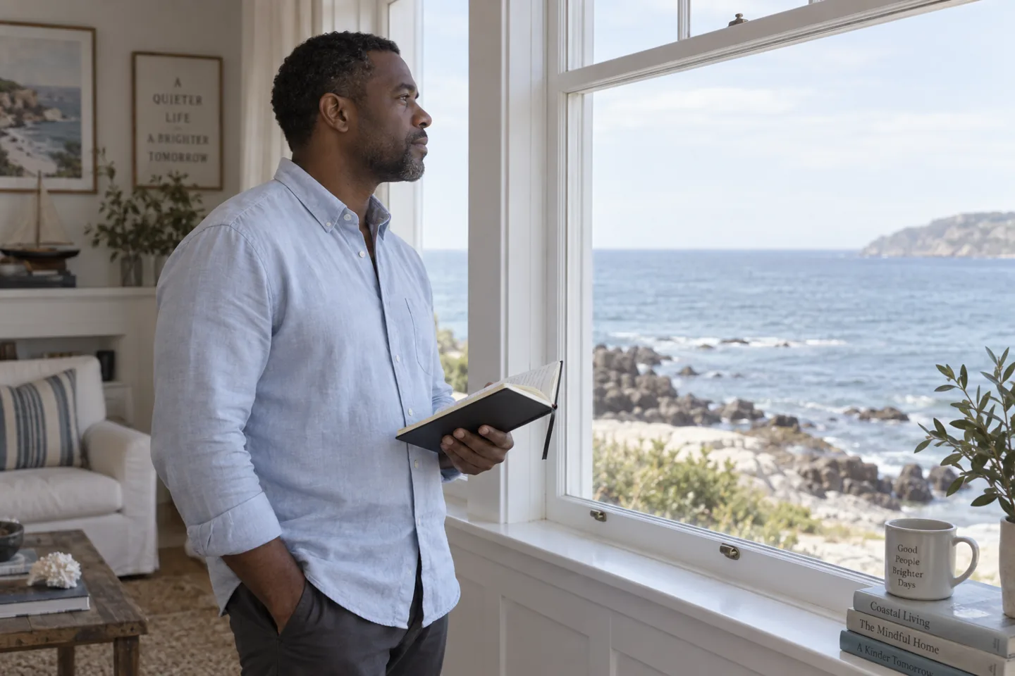 A man holding a notebook and looking toward the sea through an open window.