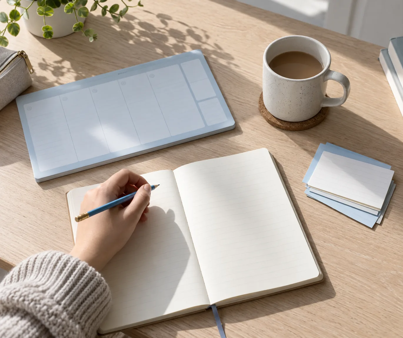 A hand writing beside a pale blue planner, index cards and a ceramic cup.