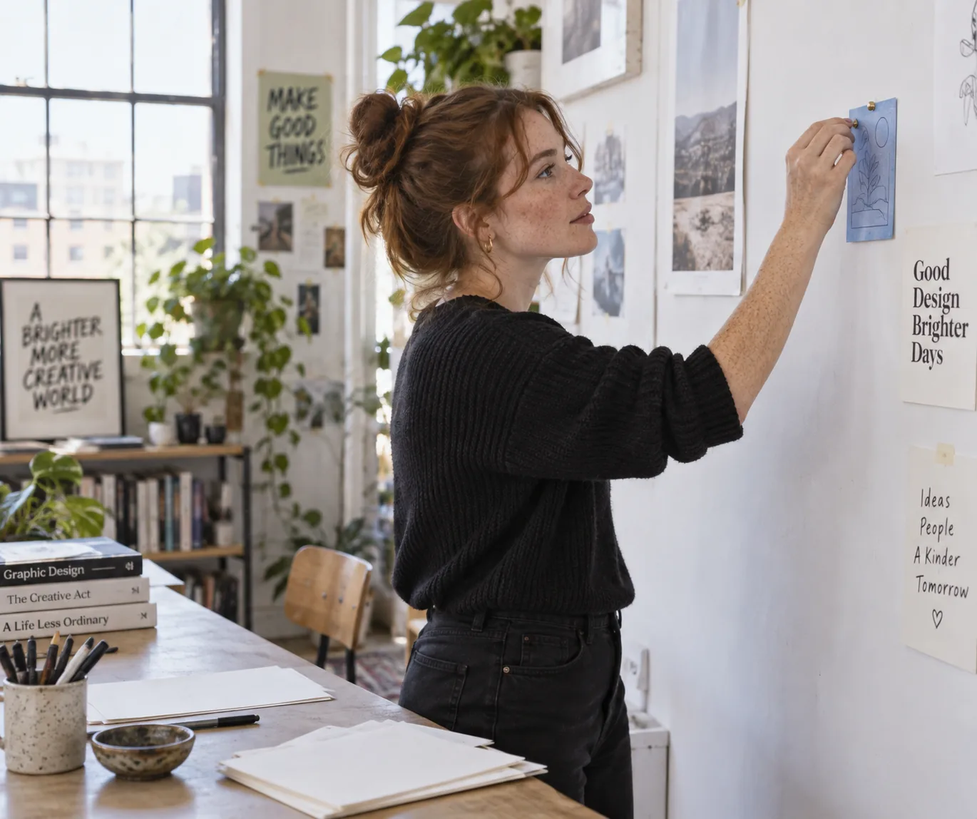 A designer pinning a sketch to the wall of her bright studio.