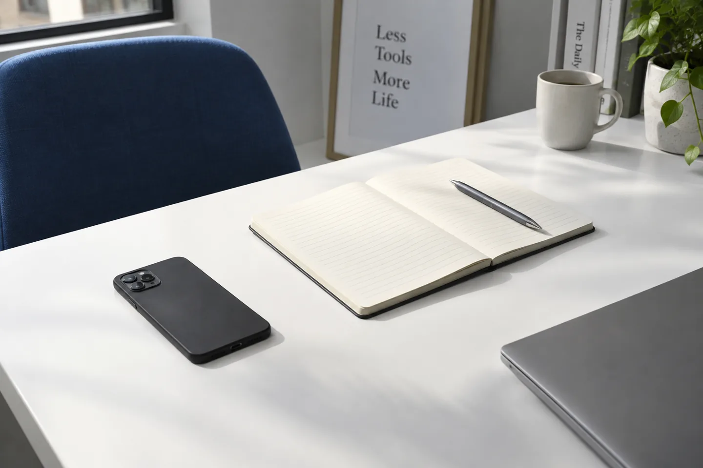 A phone set aside beside an open paper notebook on a clean desk.