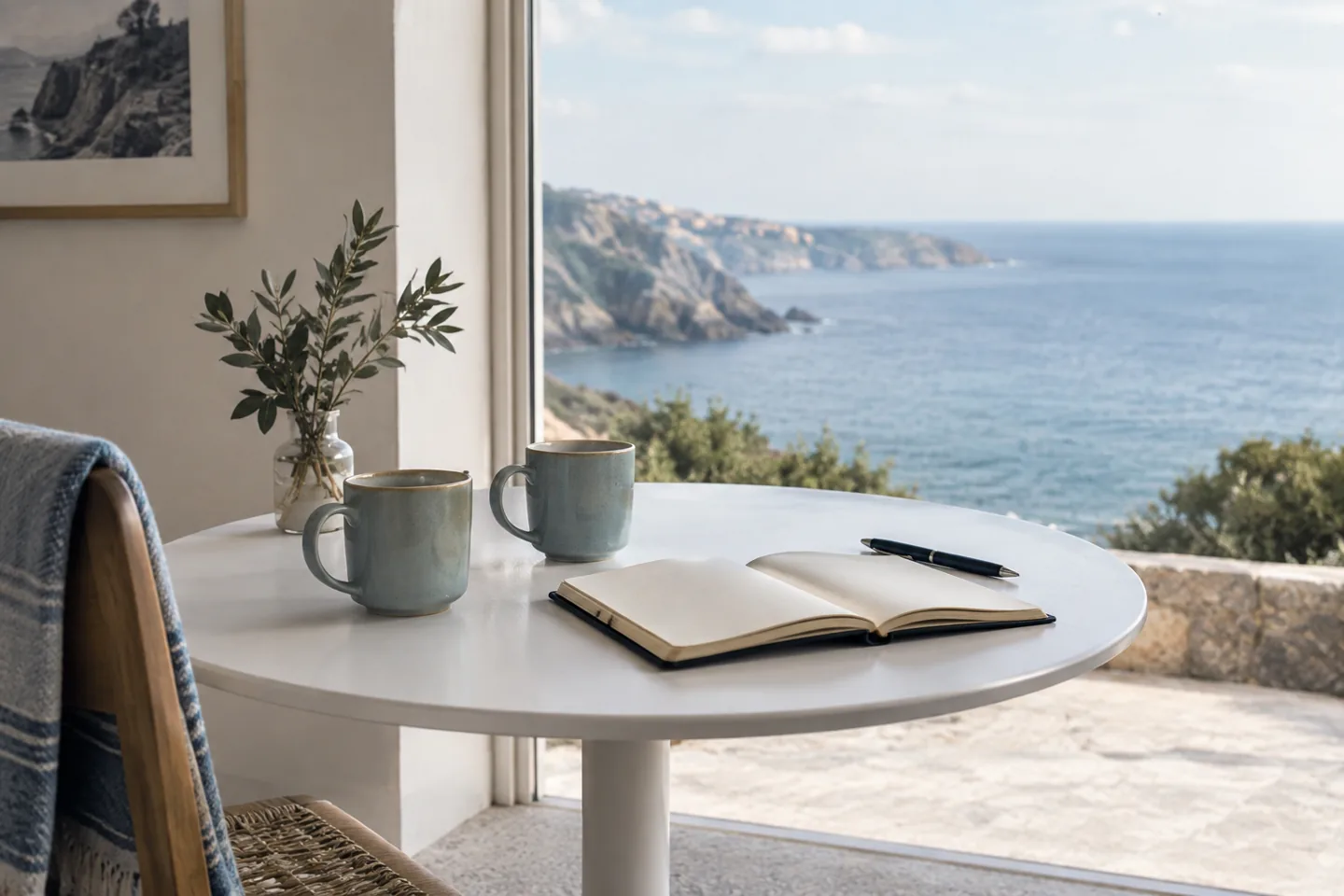 Two blue cups and an open notebook on a table overlooking the sea.