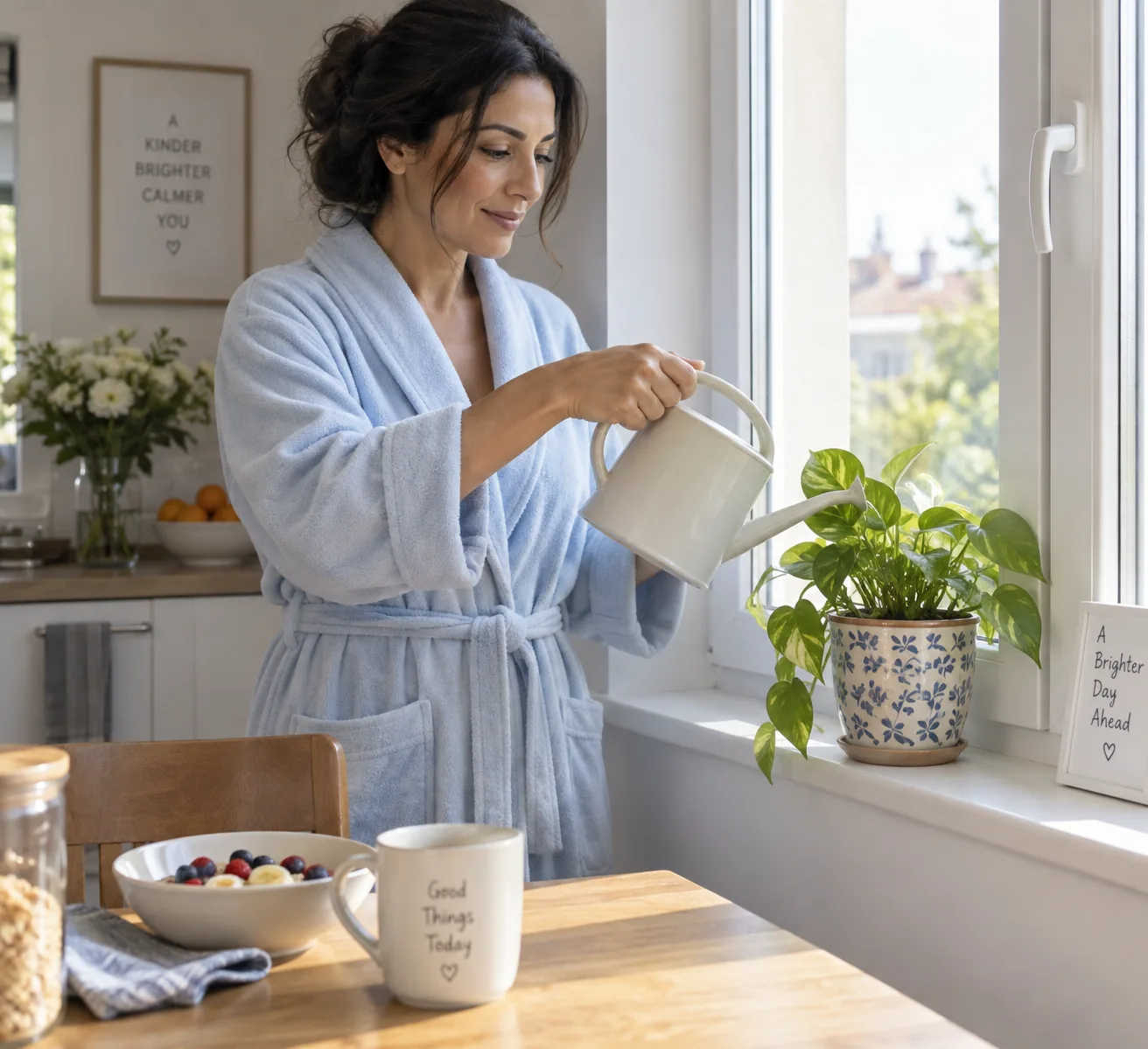A woman watering a plant by the kitchen window in the morning.