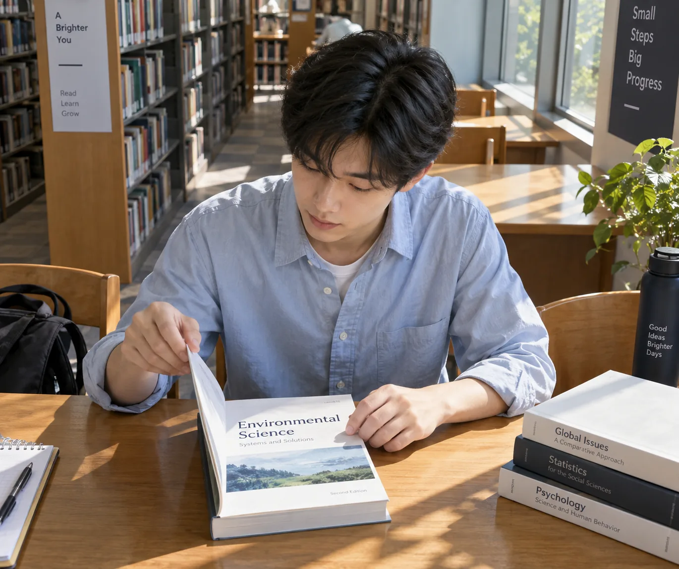A student beginning a textbook at a sunlit library desk.
