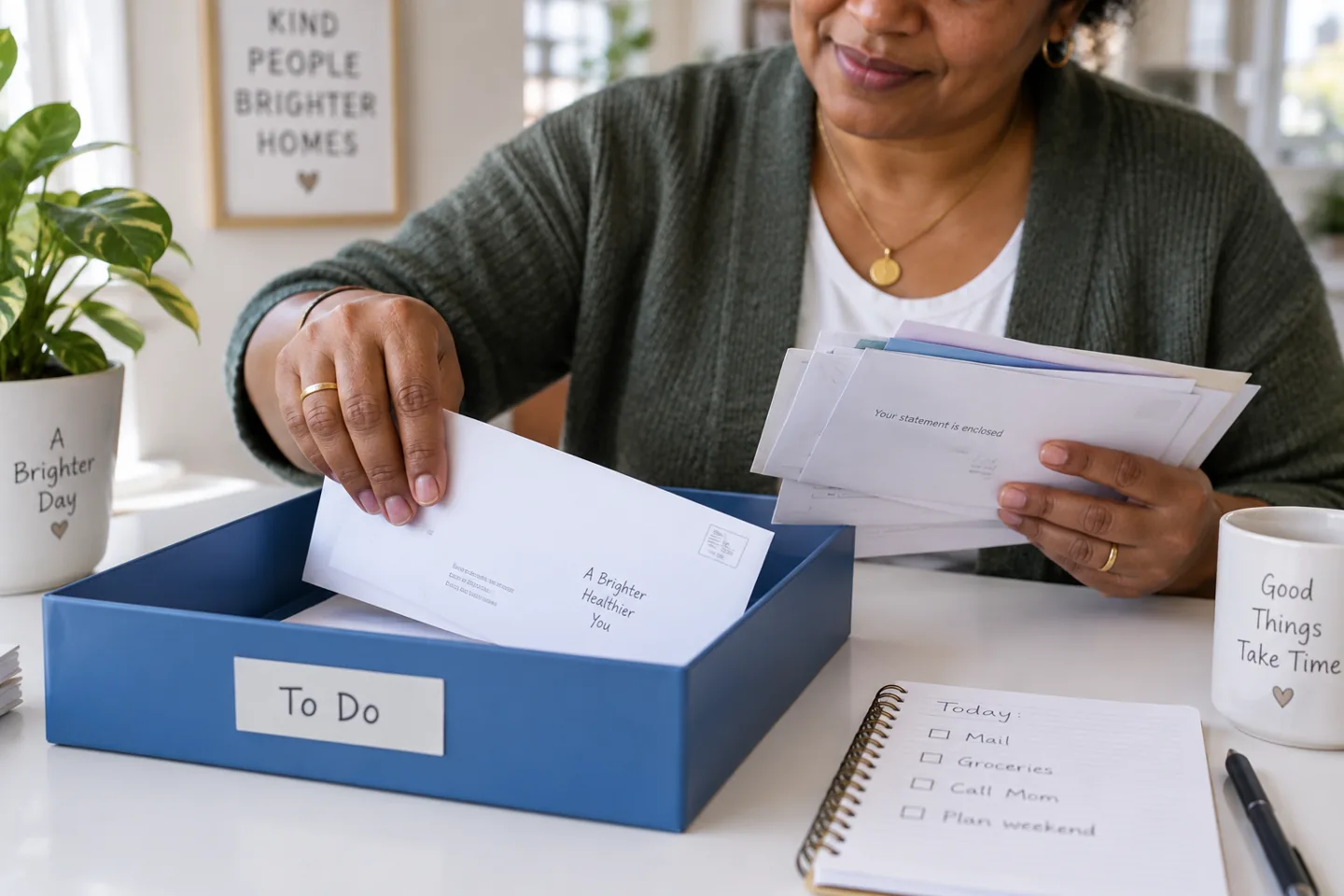 Hands sorting correspondence into a blue tray at a sunlit table.