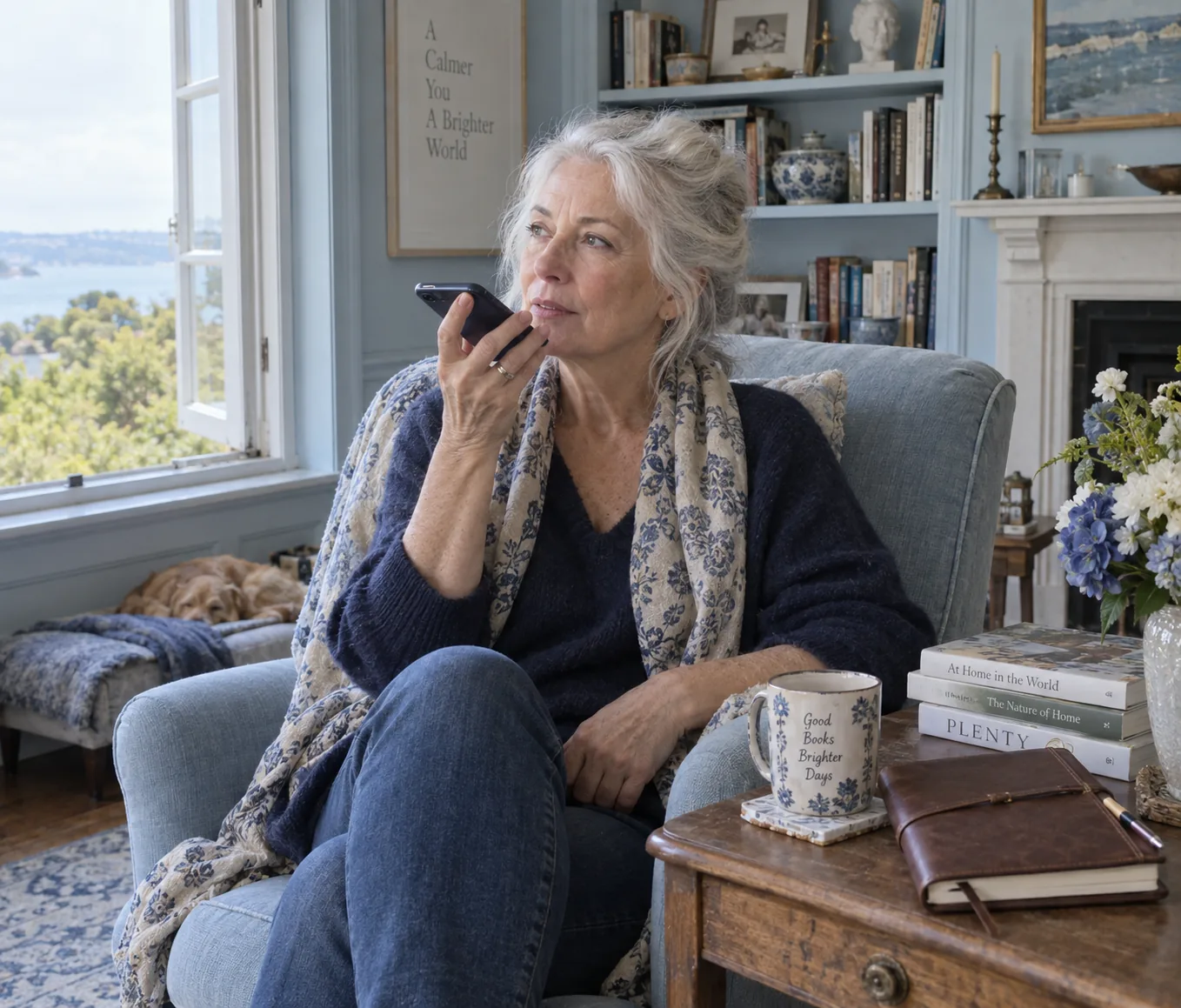 An older woman speaking into a phone beside books in a bright reading room.