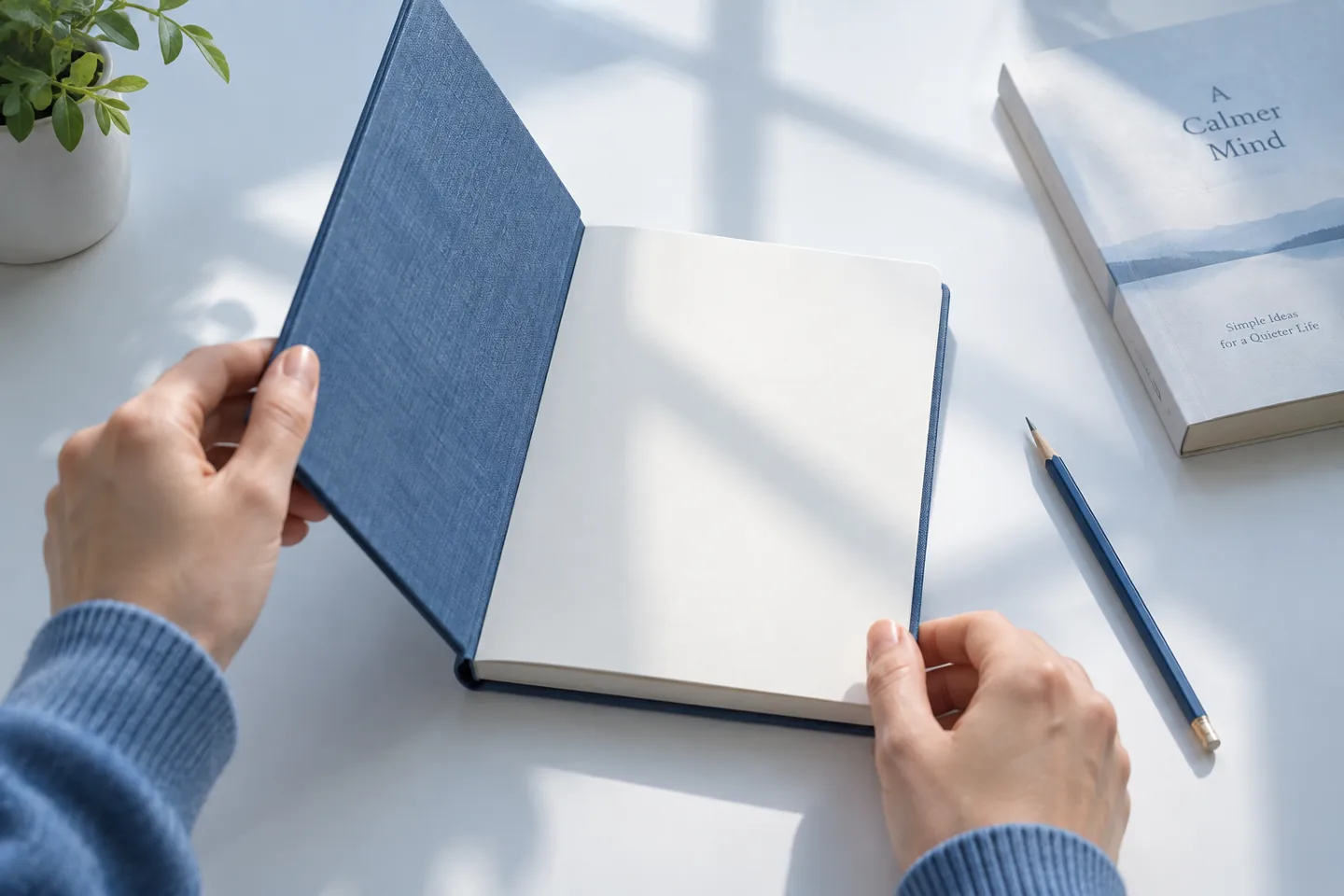 Hands opening a blue notebook to a fresh page.