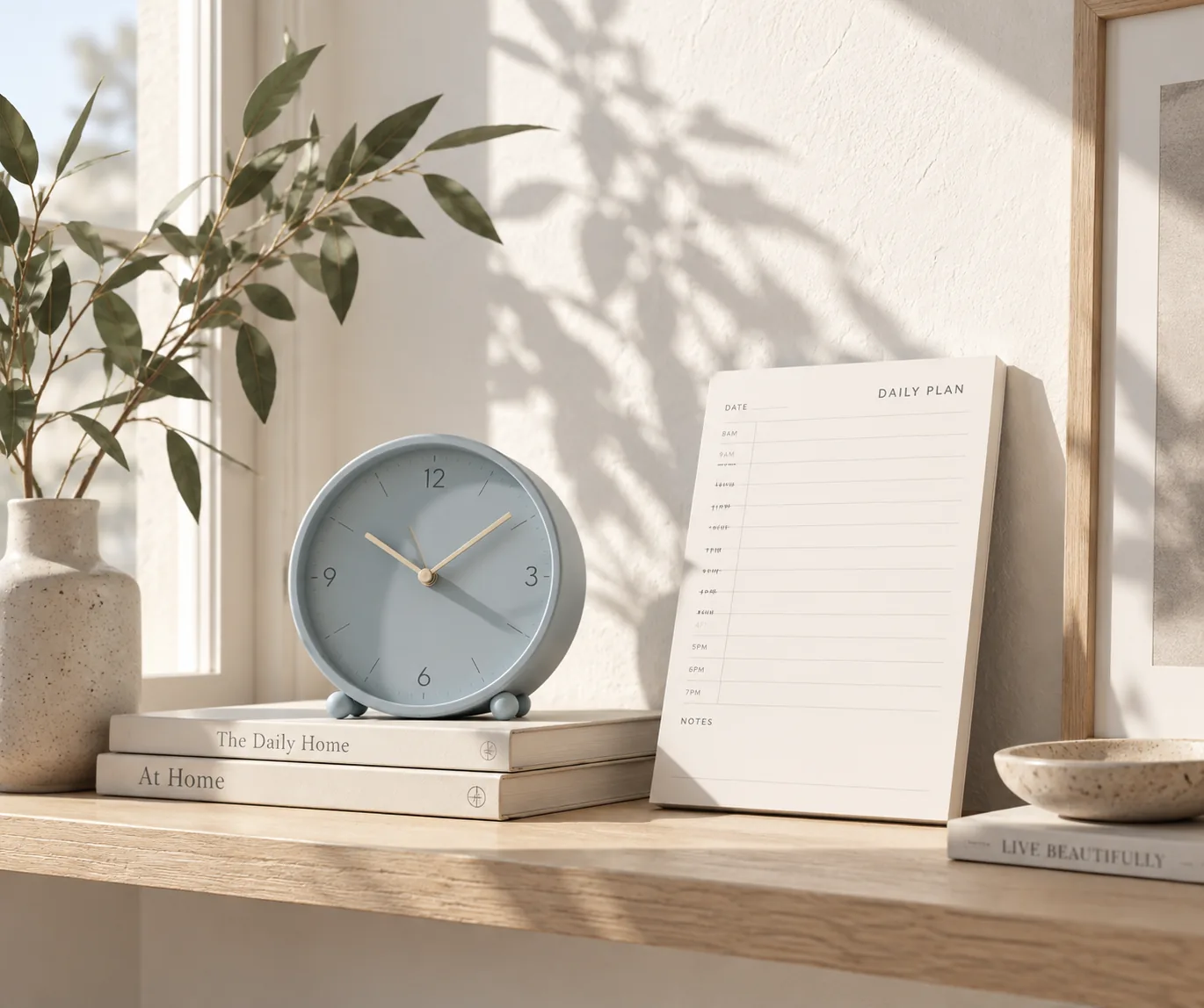 A pale blue clock and daily planner in soft window light.