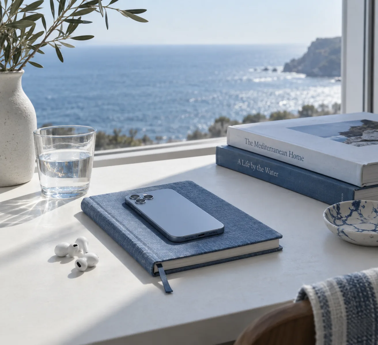 A phone on a blue notebook beside earphones, books and water.