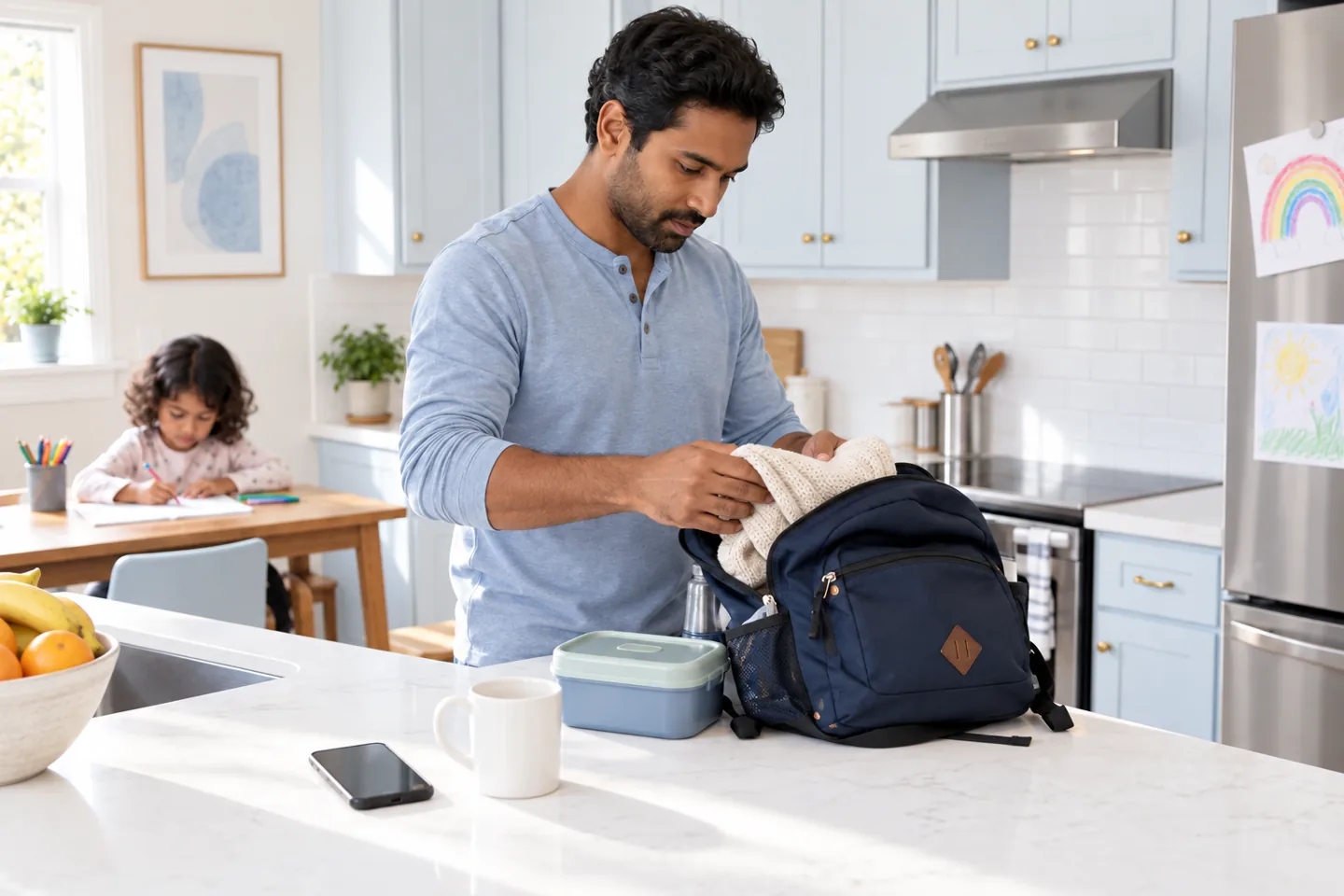 A father packing a school bag while a child draws in a bright kitchen.