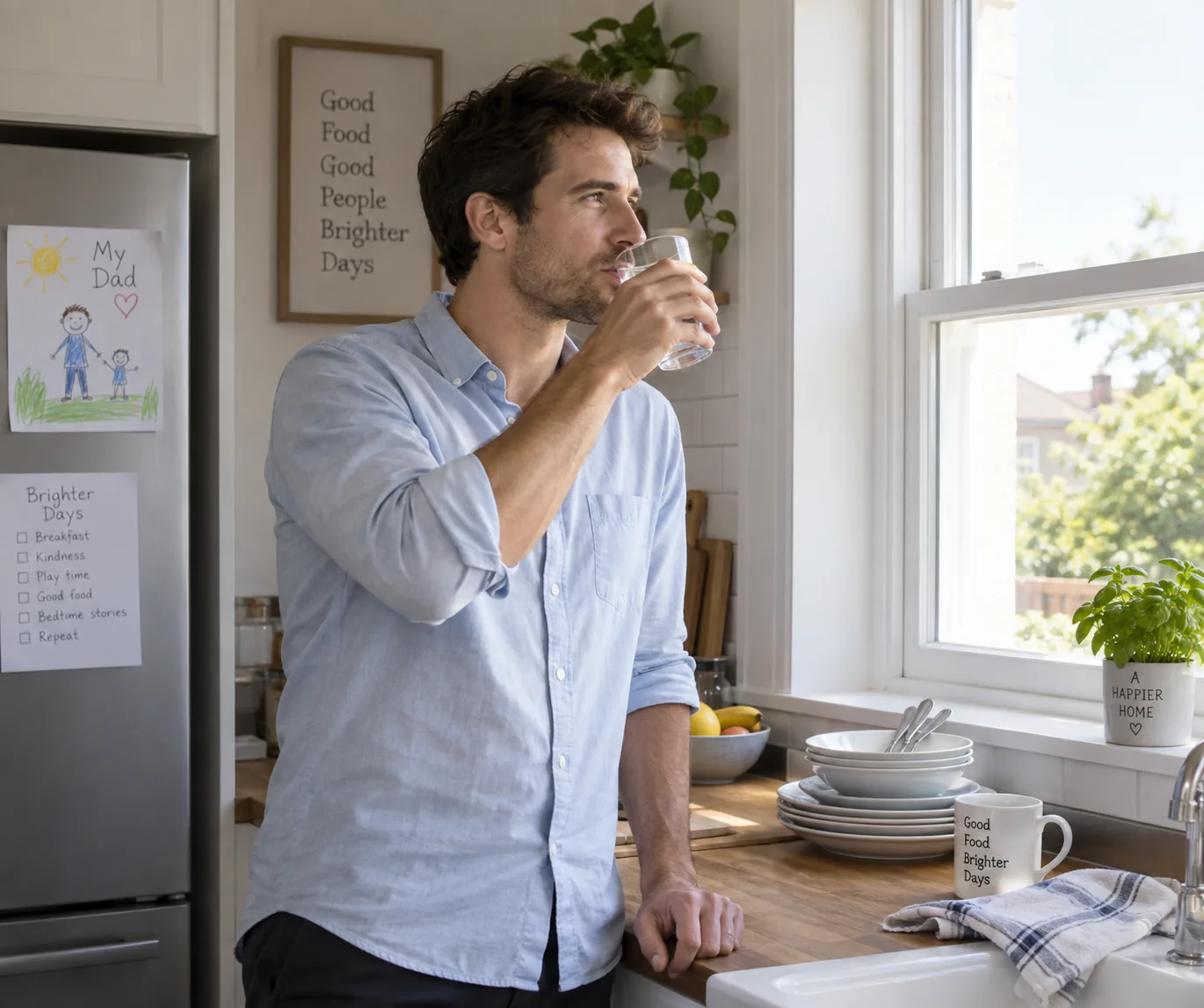 A man taking a quiet pause with a glass of water at a kitchen window.