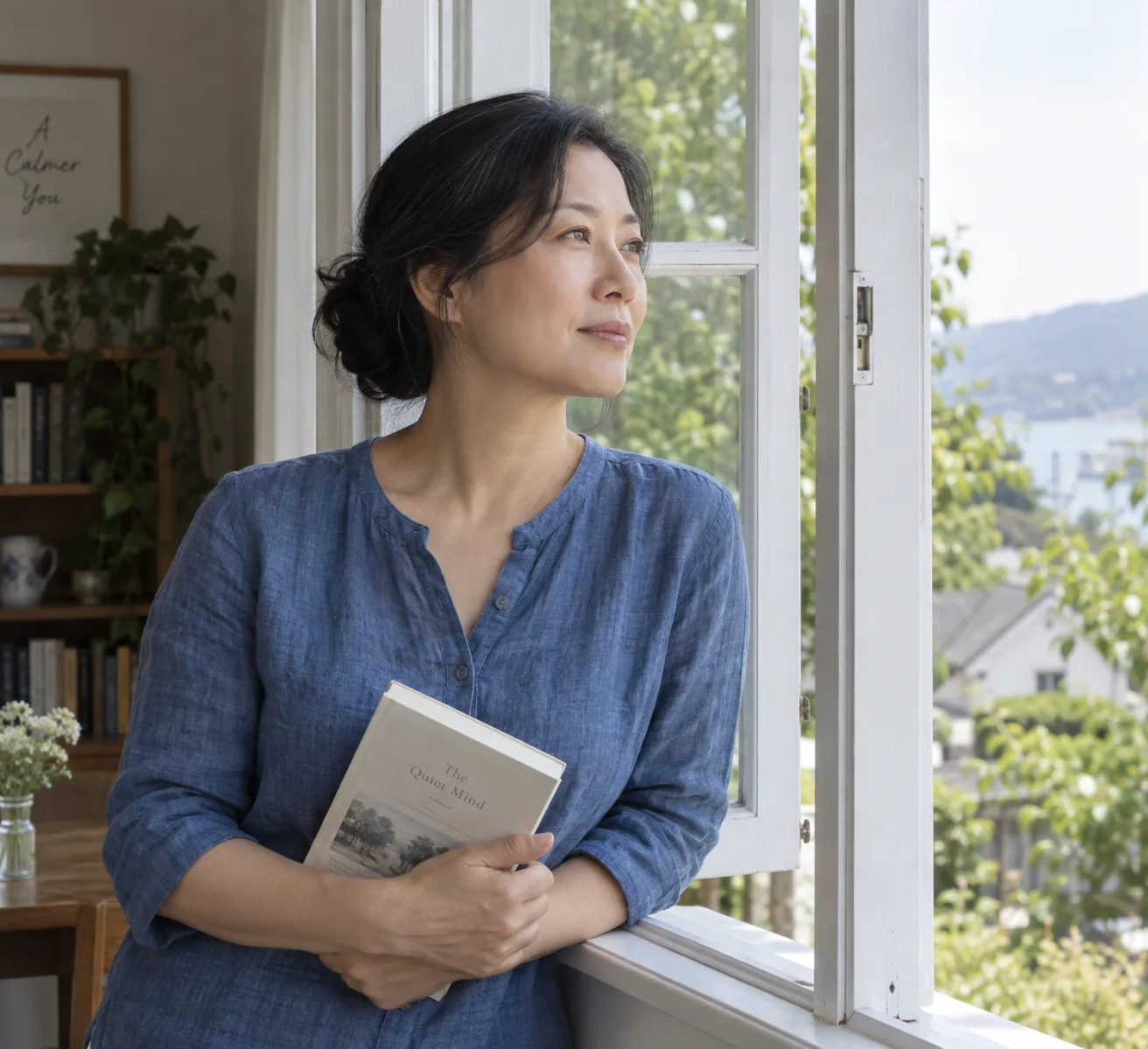 A woman looking thoughtfully out a bright window.