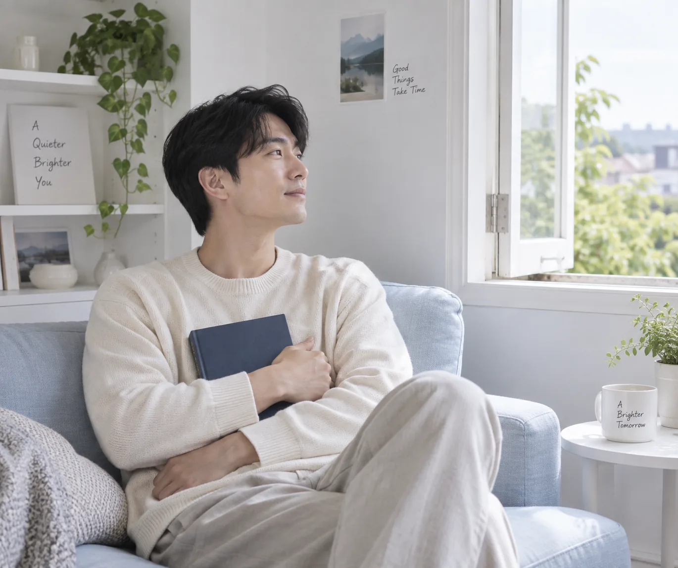 A man holding a closed book while resting on a pale blue sofa.