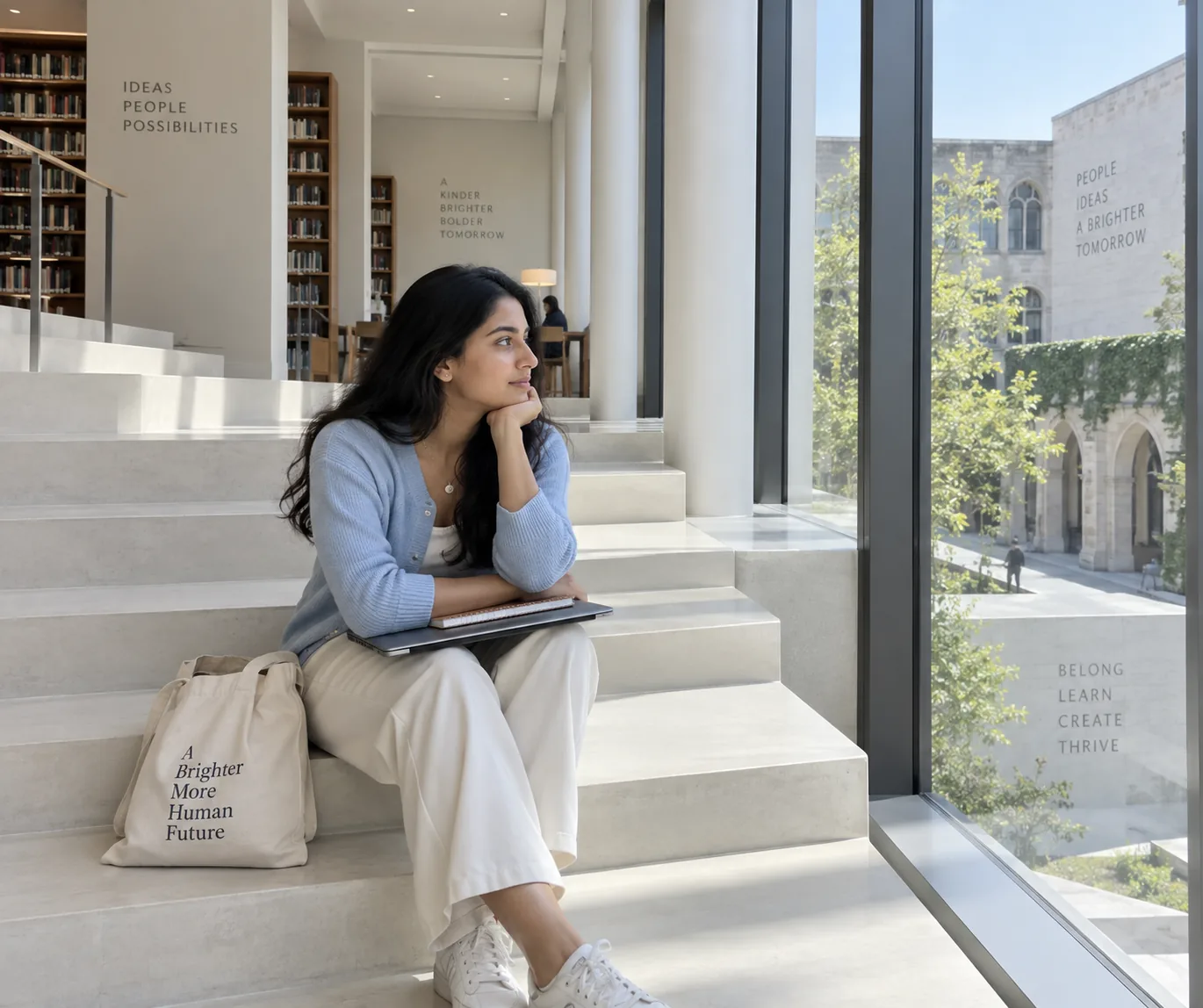 A student taking a thoughtful pause on broad white library steps.