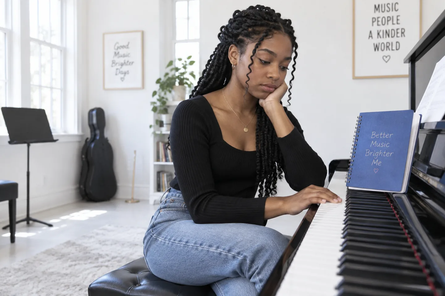 A musician pausing at a piano beside a blue notebook.