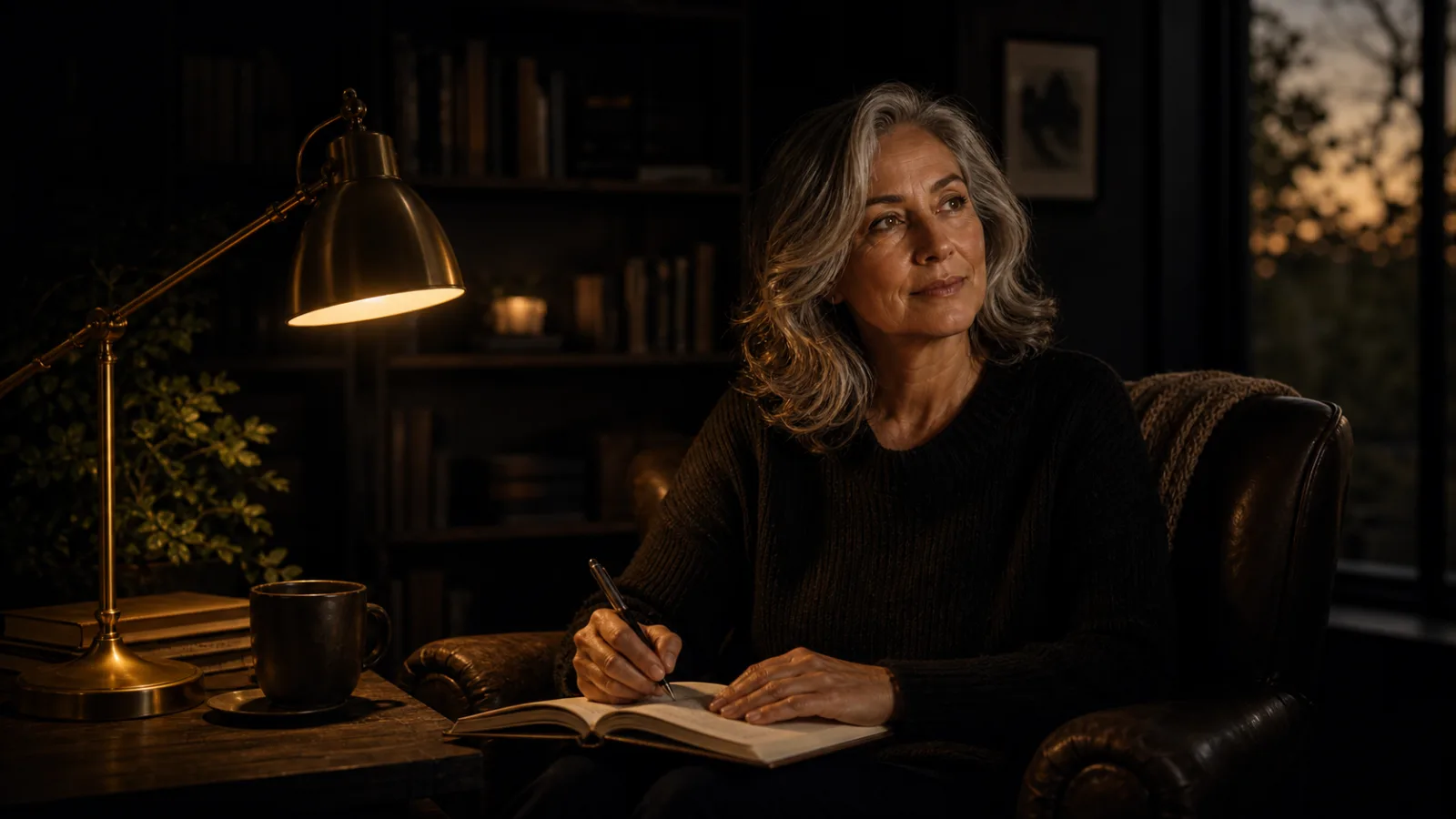 An older white woman in a dark reading corner at dusk, looking up from a journal, warm gold lamp light.