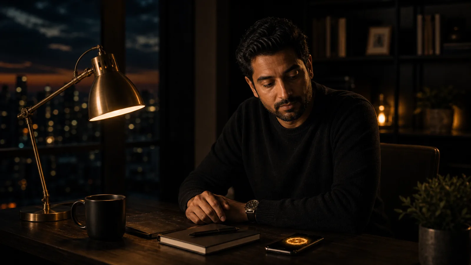 A South Asian man glancing at a phone notification at a warm dark desk in the evening, gold glow.