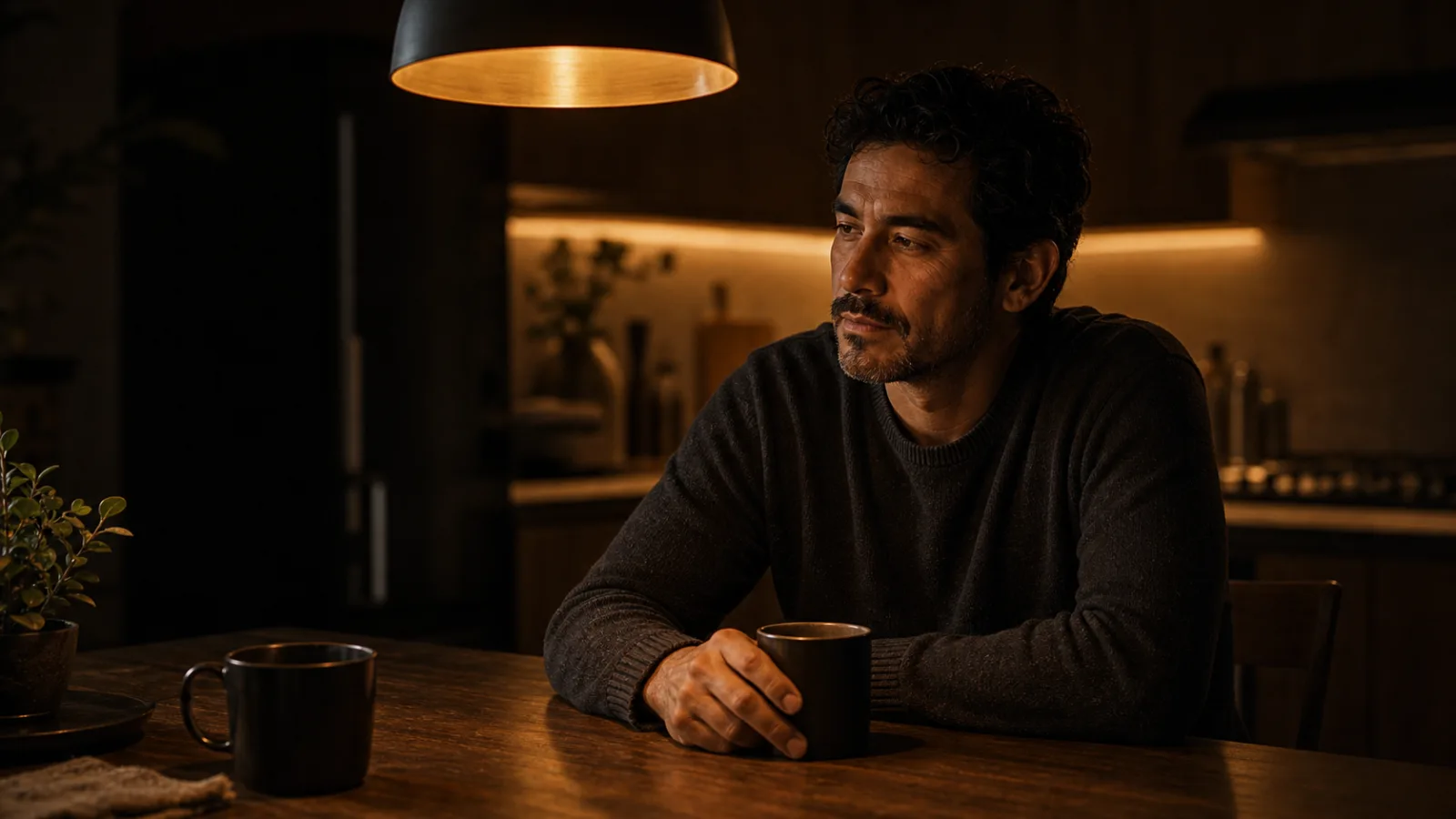 A Latino man at a quiet evening kitchen table, two coffee cups, thinking, warm gold pendant light.