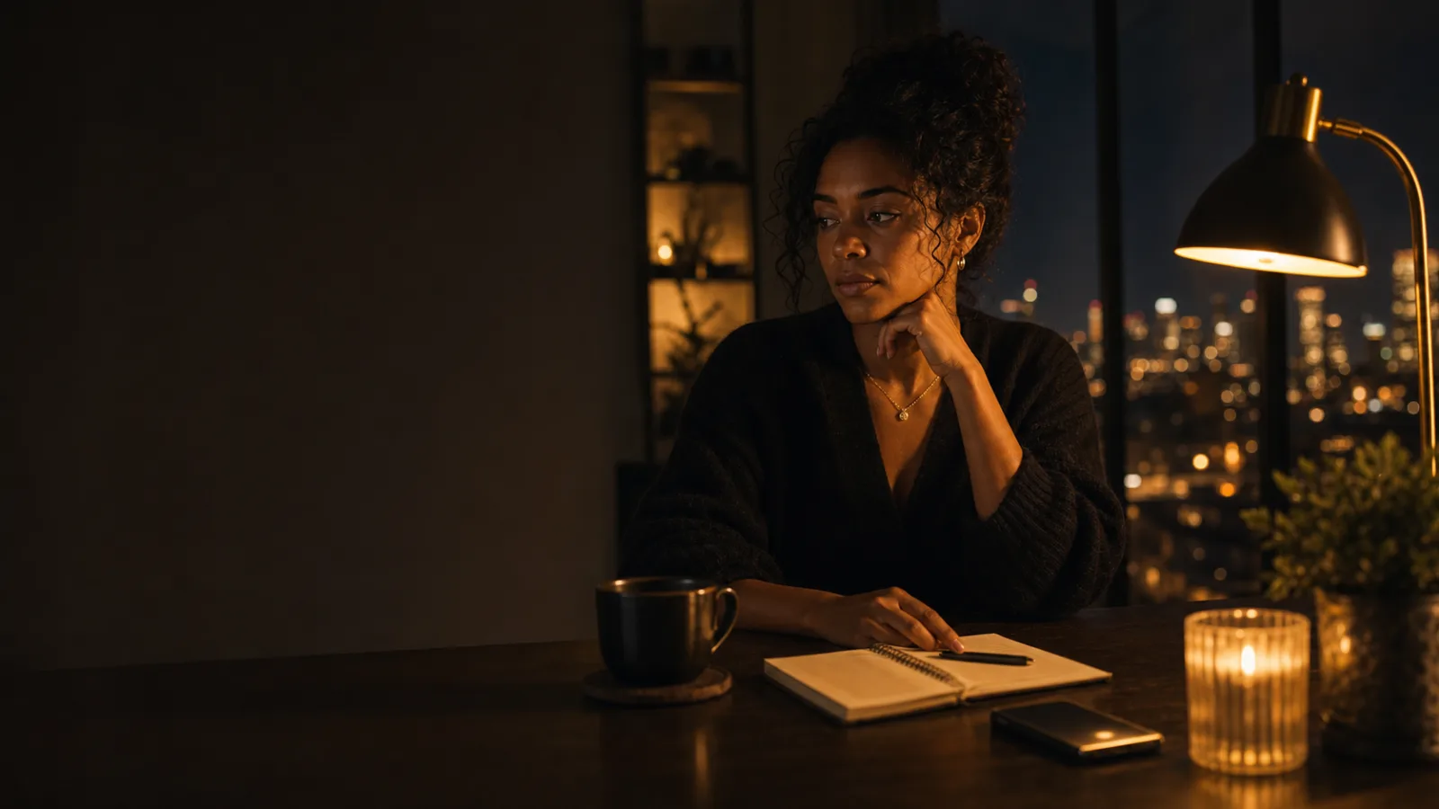 A Black woman at a dark evening desk with a notebook, phone, coffee, and warm gold lamp light.