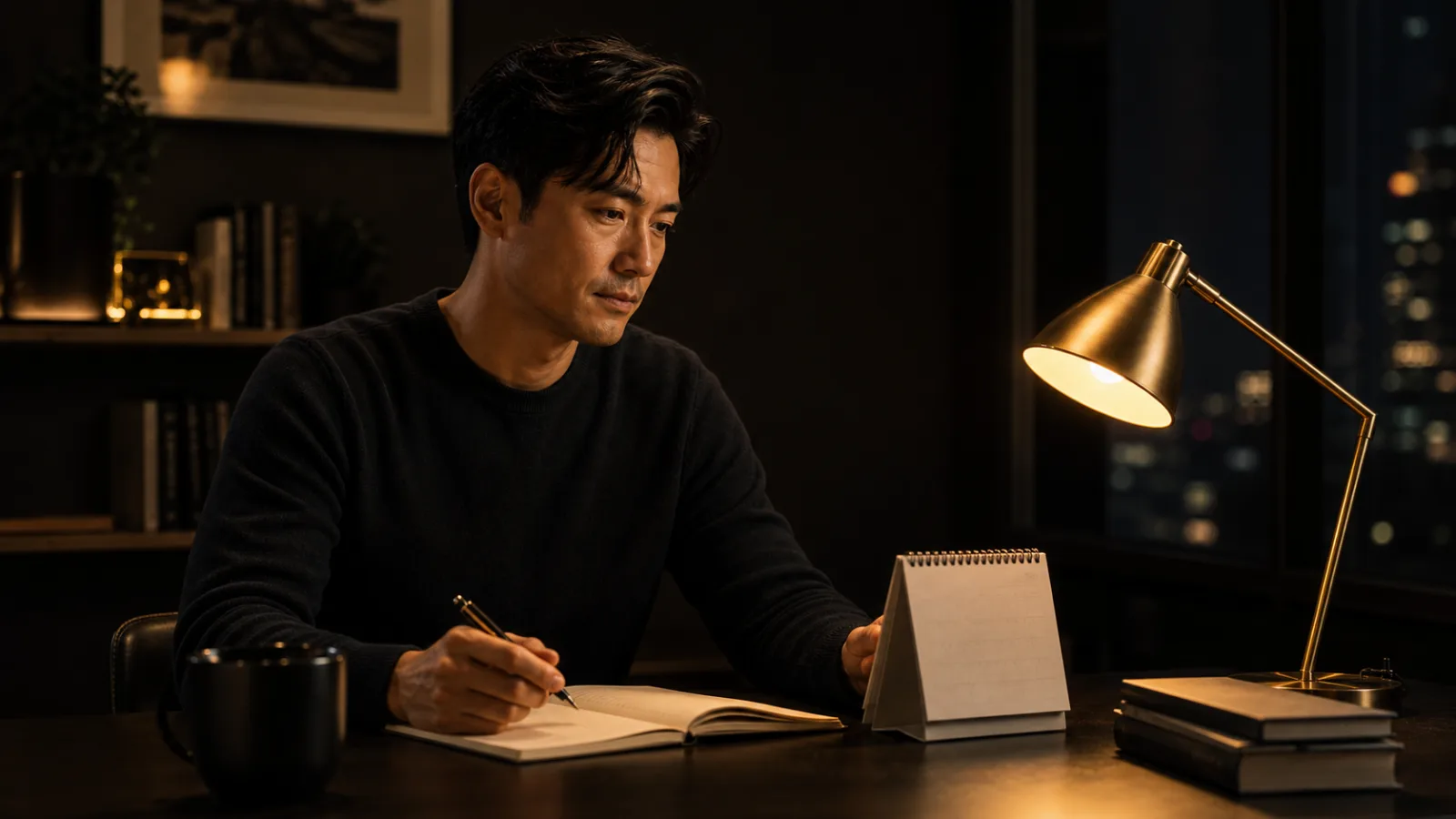 An East Asian man in a moody home office reviewing a simple plan under warm gold light.